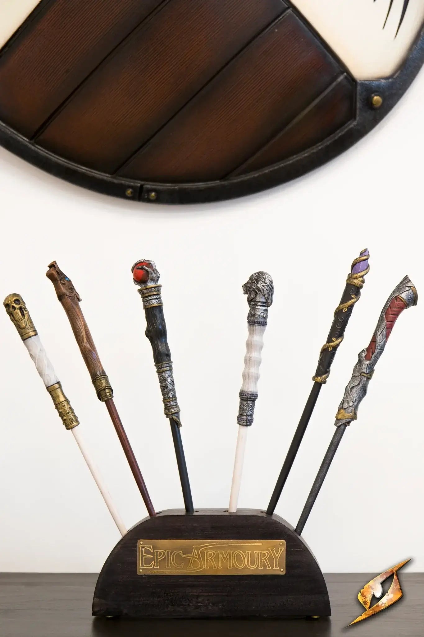 Collection of handcrafted wands from Epic Armoury, showcasing unique designs and craftsmanship in magical props.