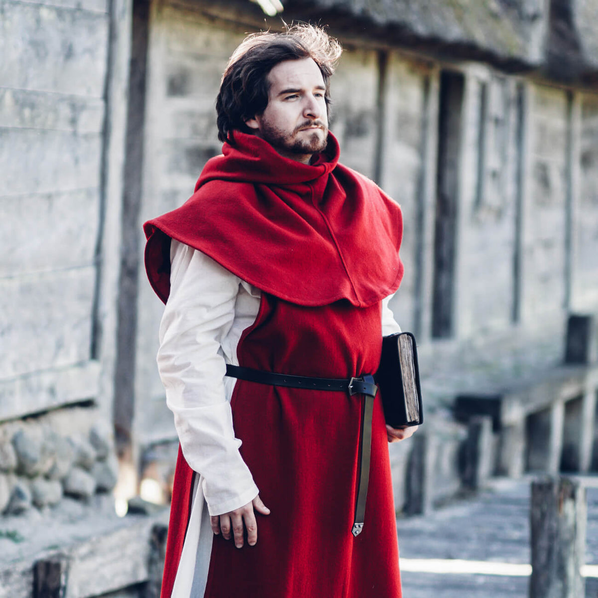 High Medieval Period Clothing - Yoremade Red cloak and tunic worn in the 12th century, showcasing medieval fashion.