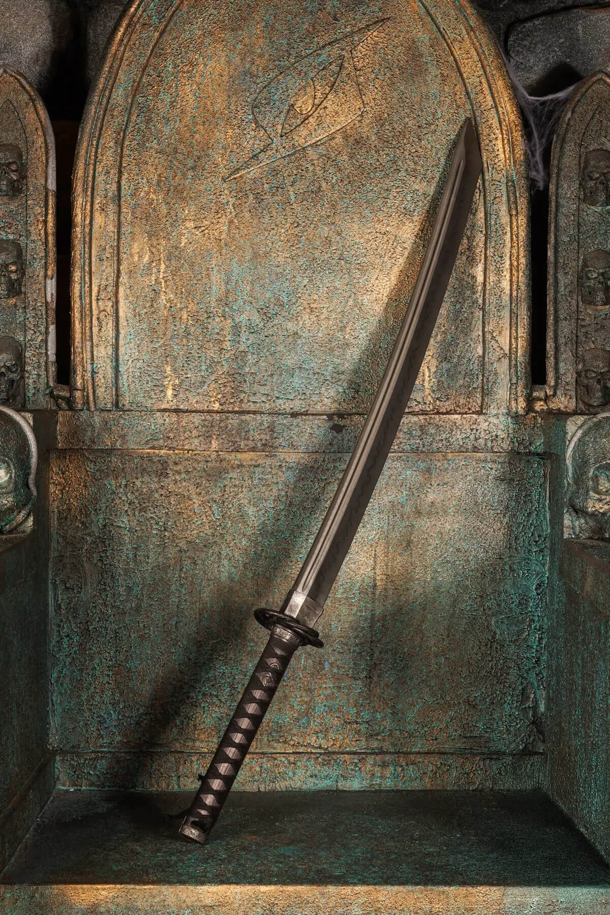 Medium Swords displayed on a throne-like stand with intricate details.