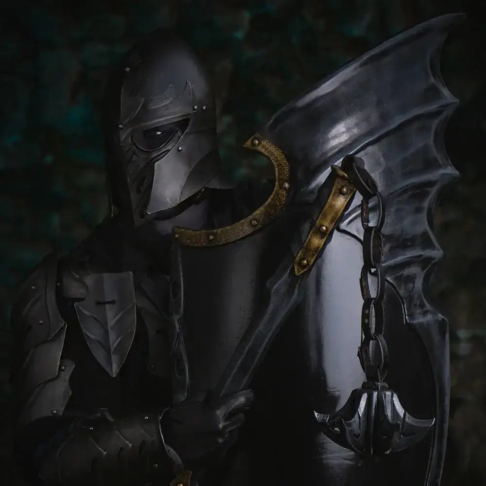 Drow in dark armor holding a shield and mace, standing in a dimly lit environment.