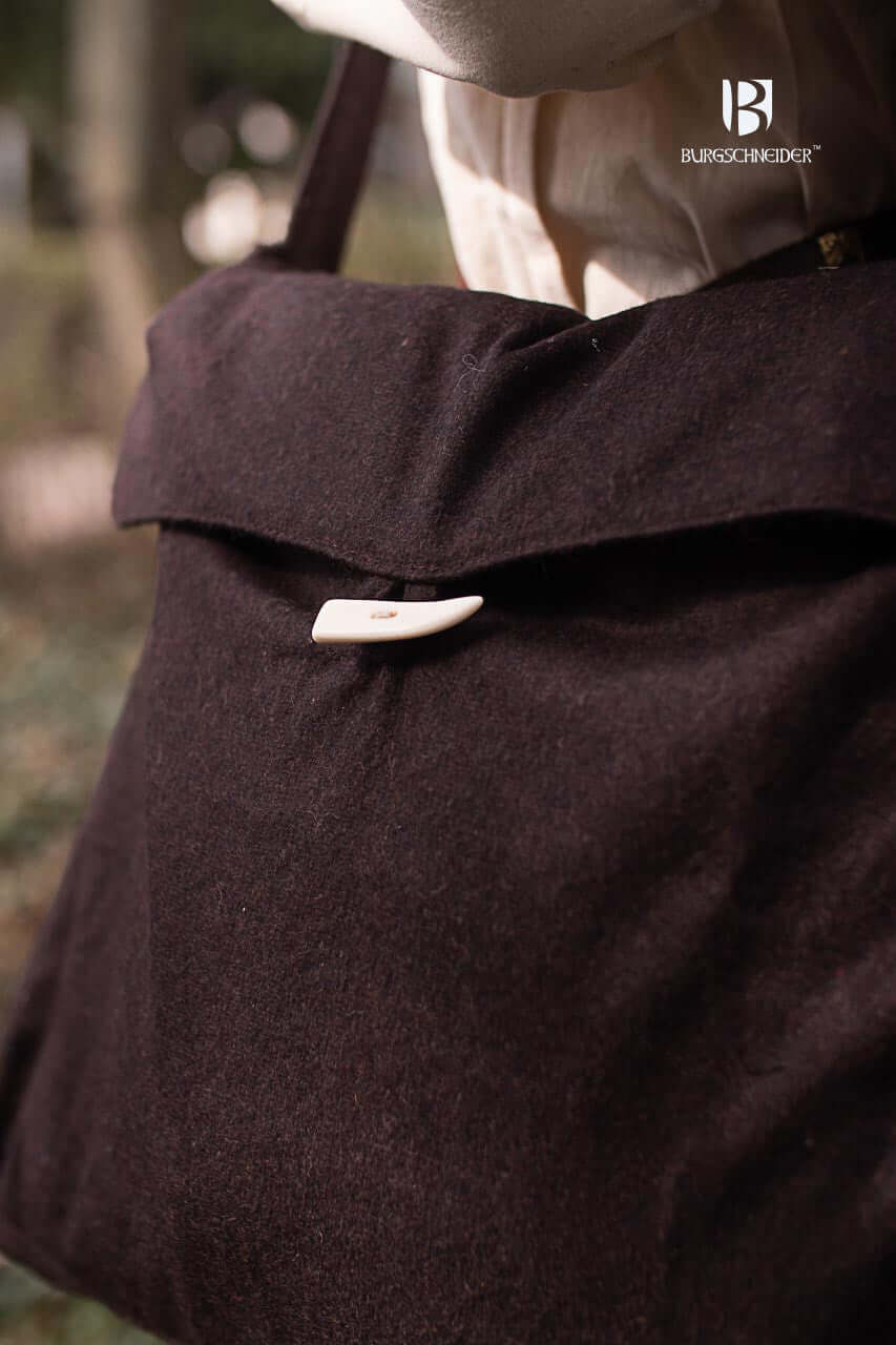 Close-up of Bag Vesker made from heavy wool felt, designed for LARP events and medieval festivals.