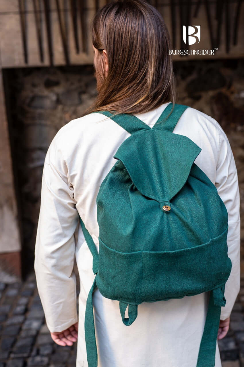 Backpack Capsus worn by a traveler showcasing its medieval design and adjustable straps.
