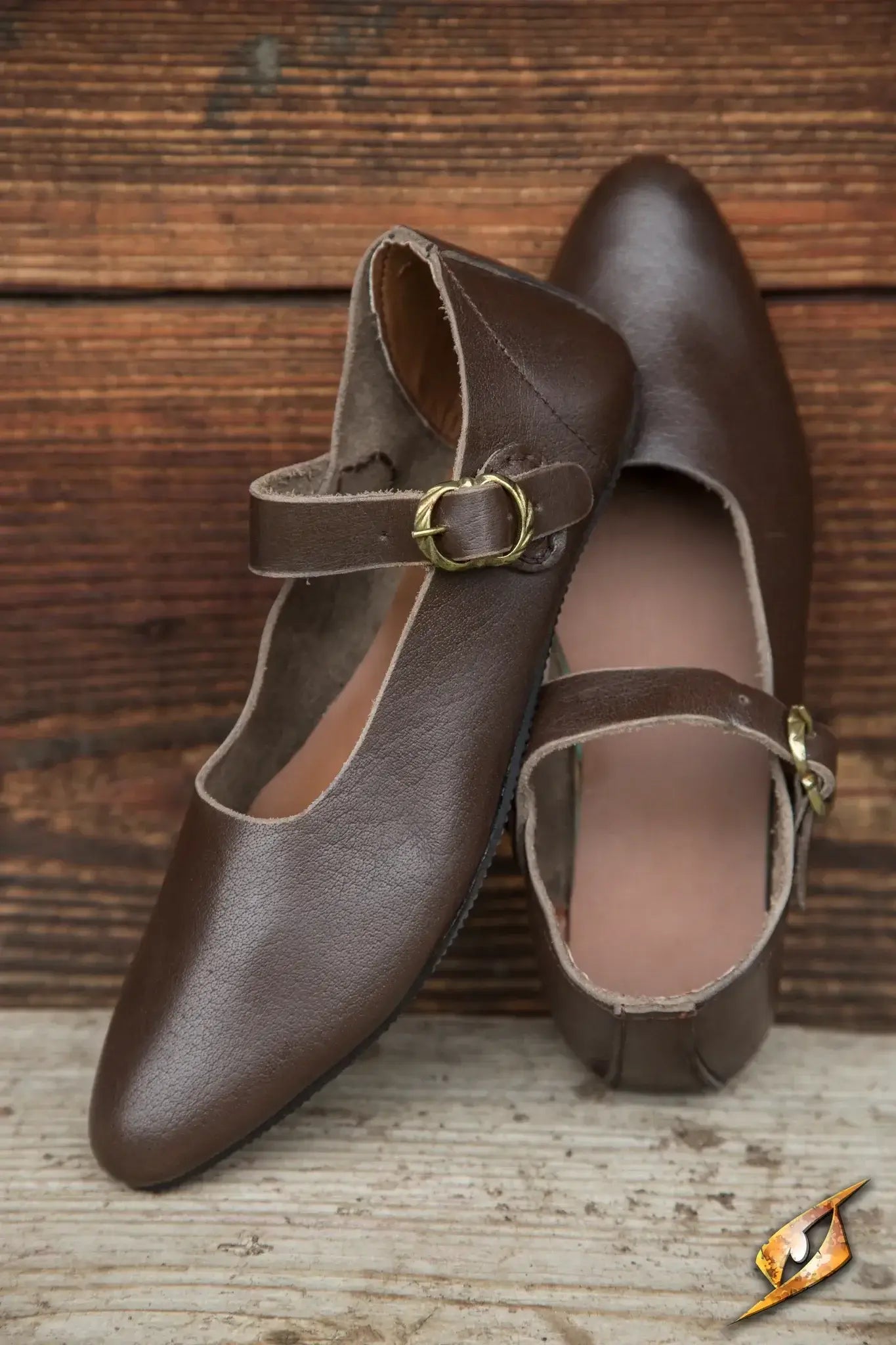 Handmade brown shoes Astrid with a classic design and leather strap, perfect for ladies, merchants, or commoners.