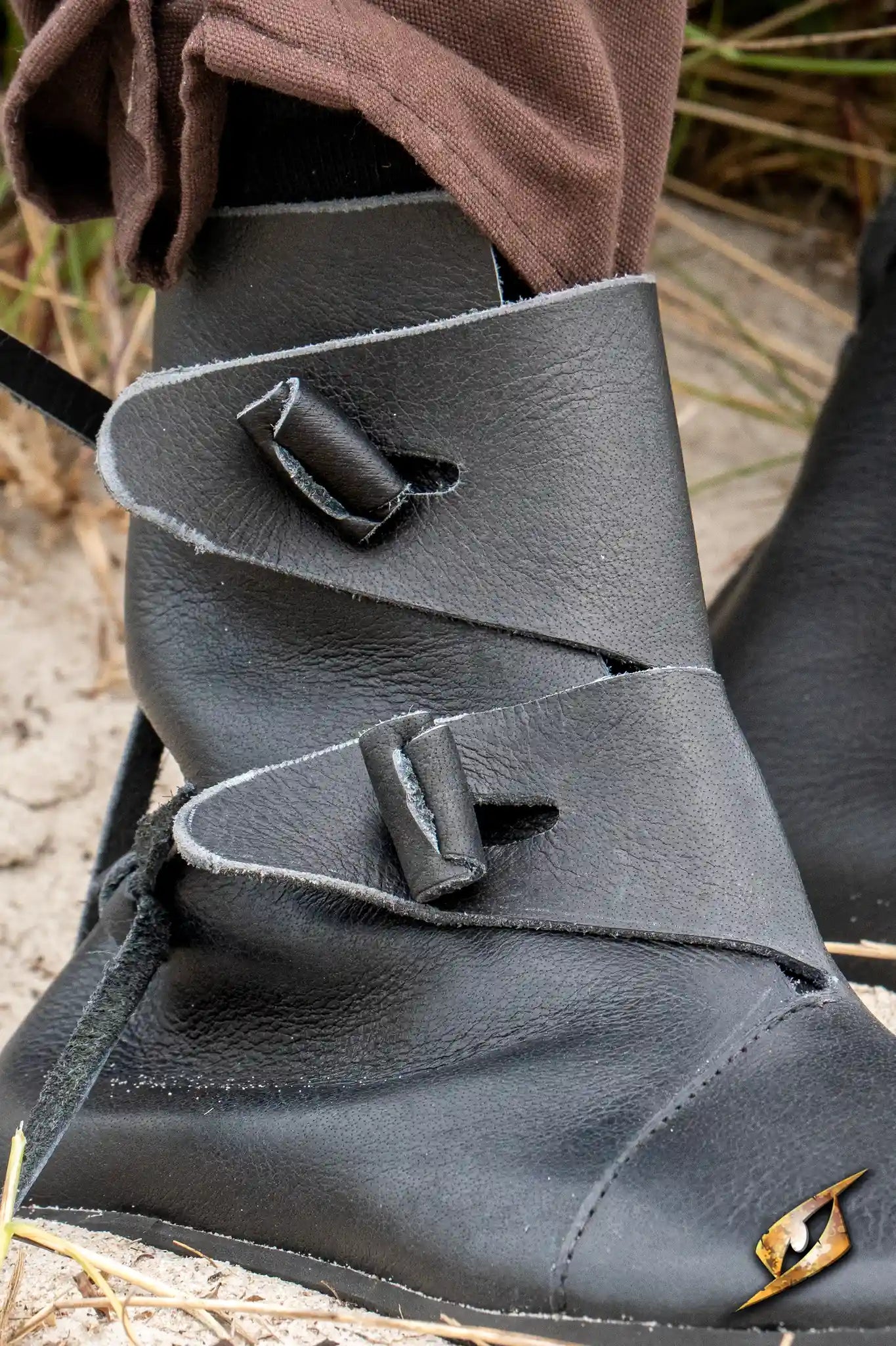 Black Shoes Jorik close-up, featuring stylish leather laces and a rugged design for medieval LARPing.