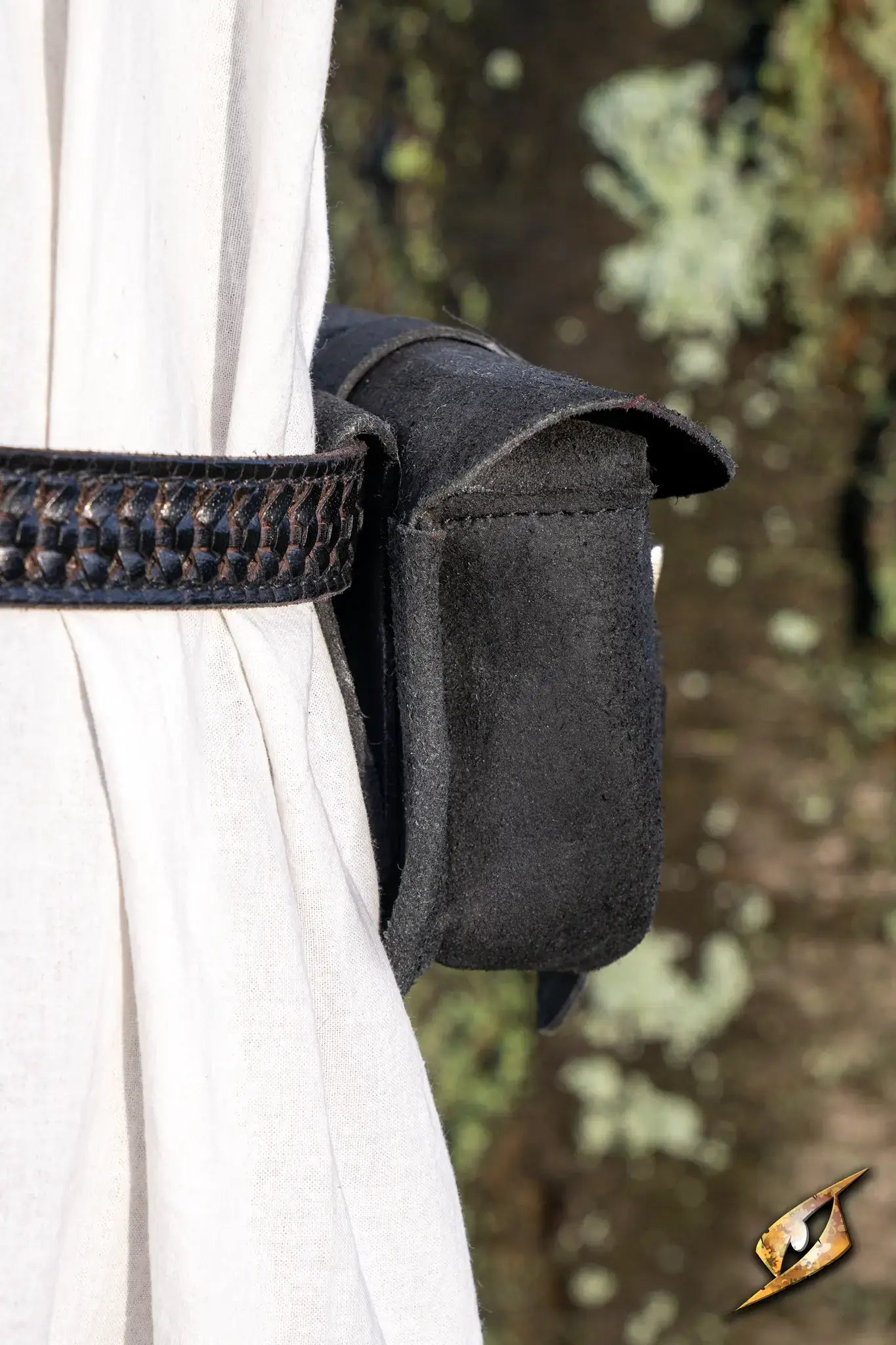 Warrior bag - Suede - Small attached to a belt, showcasing its sleek design and functionality for carrying small items.