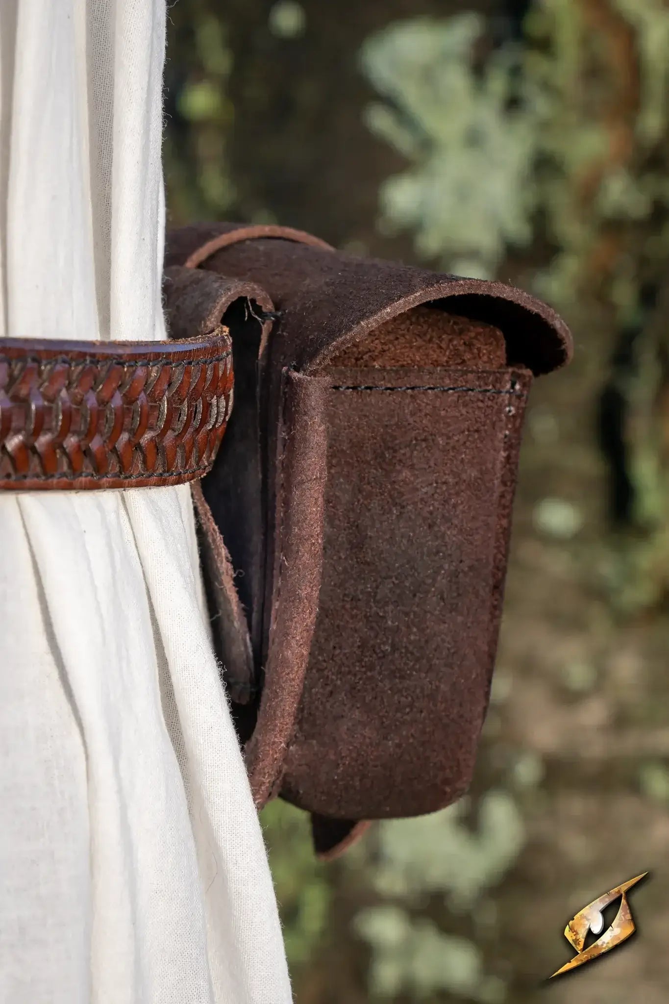 Warrior bag - Suede - Small attached to a belt, showcasing its rich brown texture and compact design.