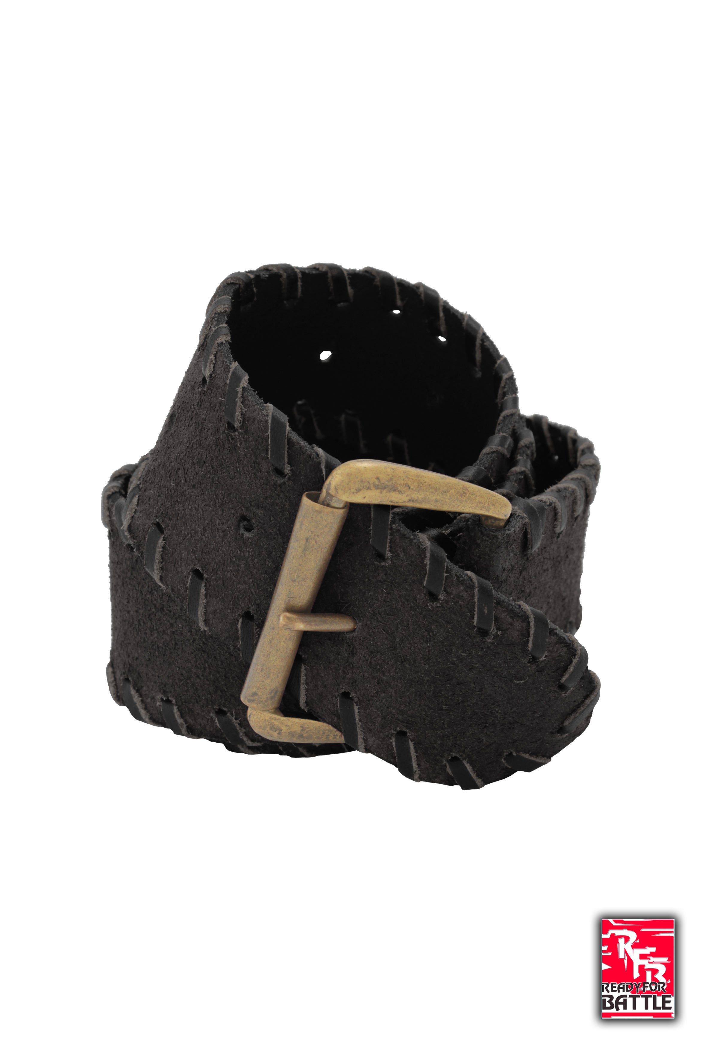 RFB Laced Belt made of black leather with brass buckle and decorative lacing.