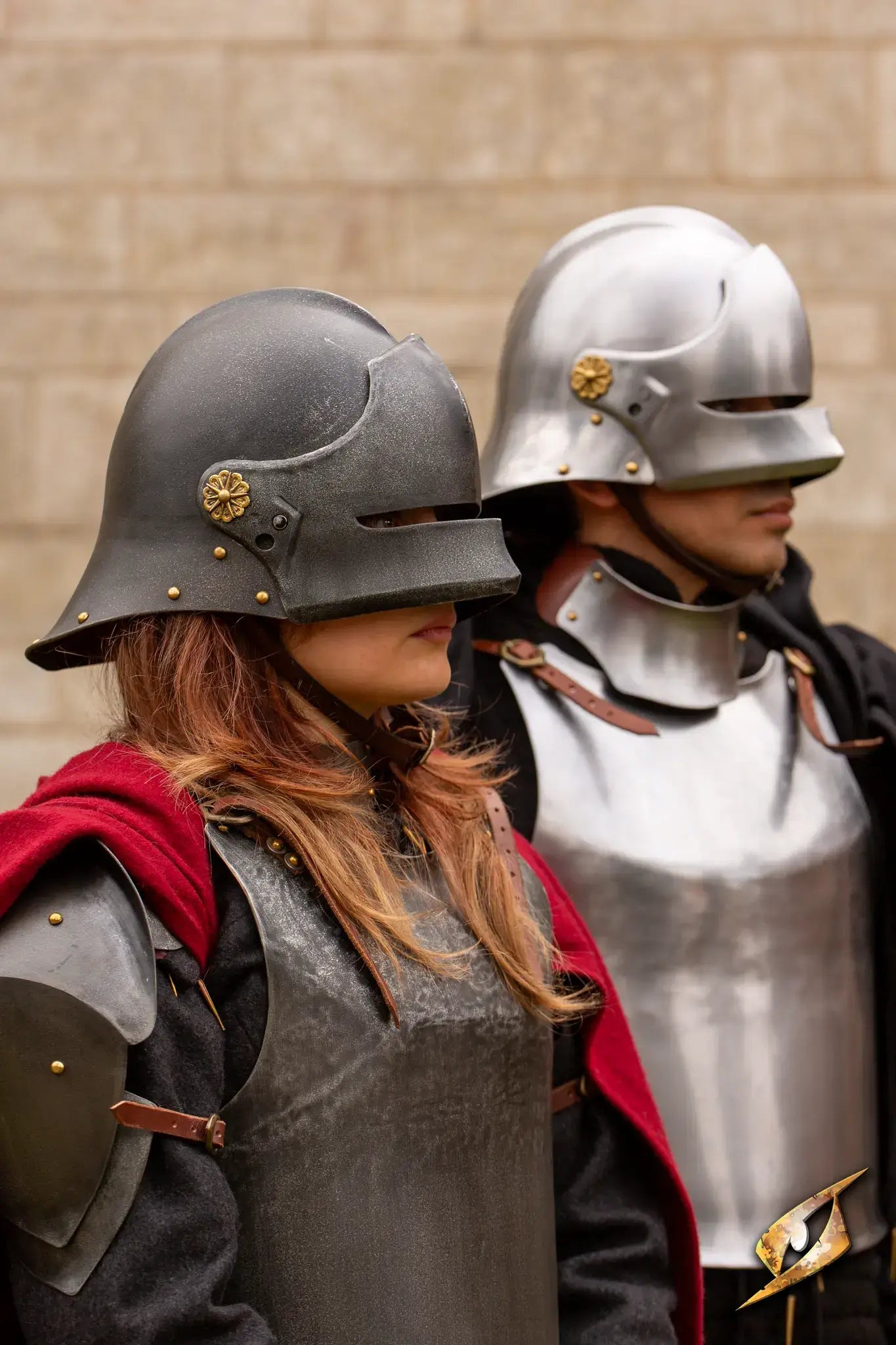 Renegade Helmet worn by two armored soldiers in a historical reenactment setting.