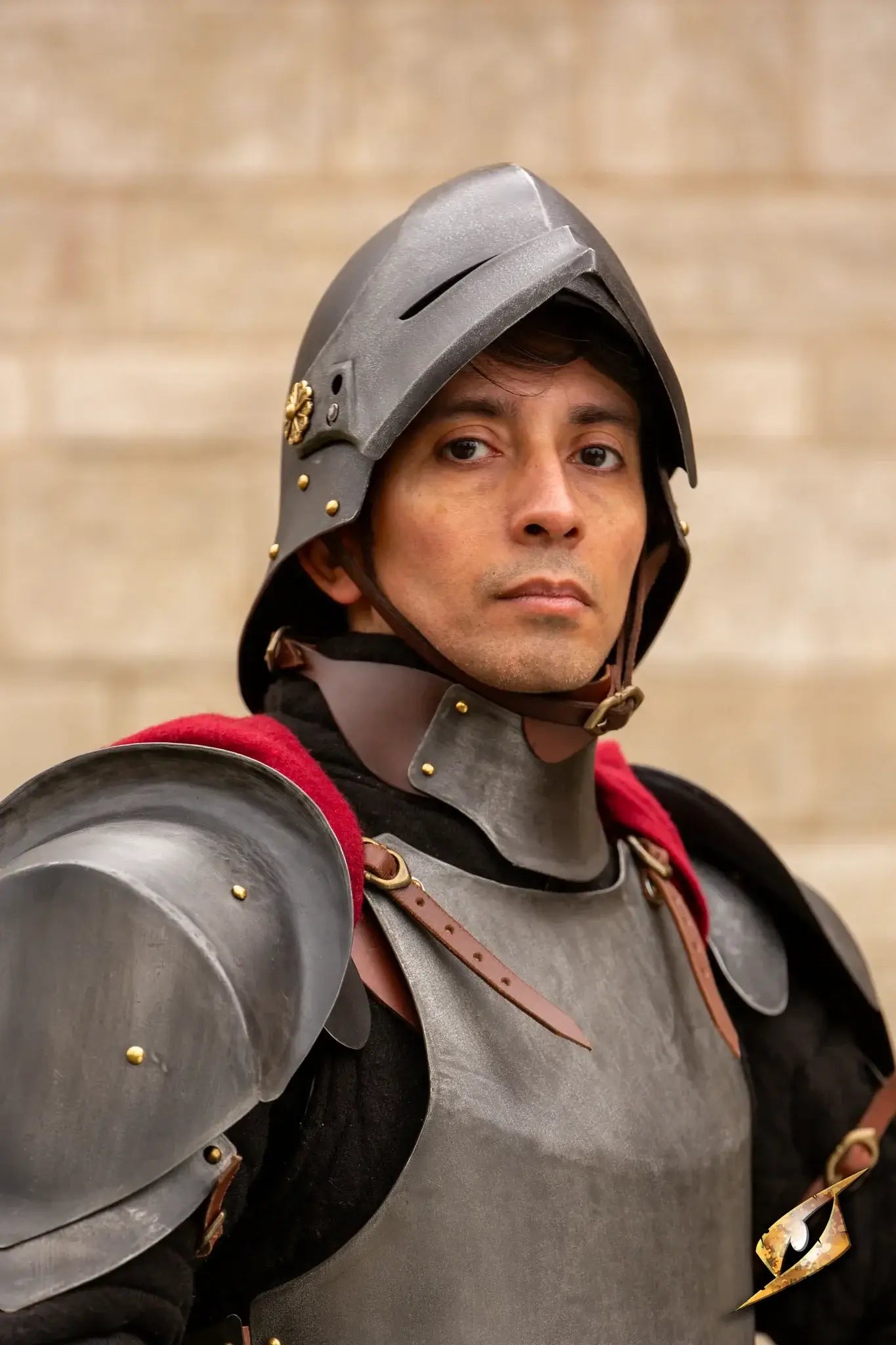 A soldier wearing a Renegade Helmet, showcasing a serious expression and detailed armor in a historical setting.
