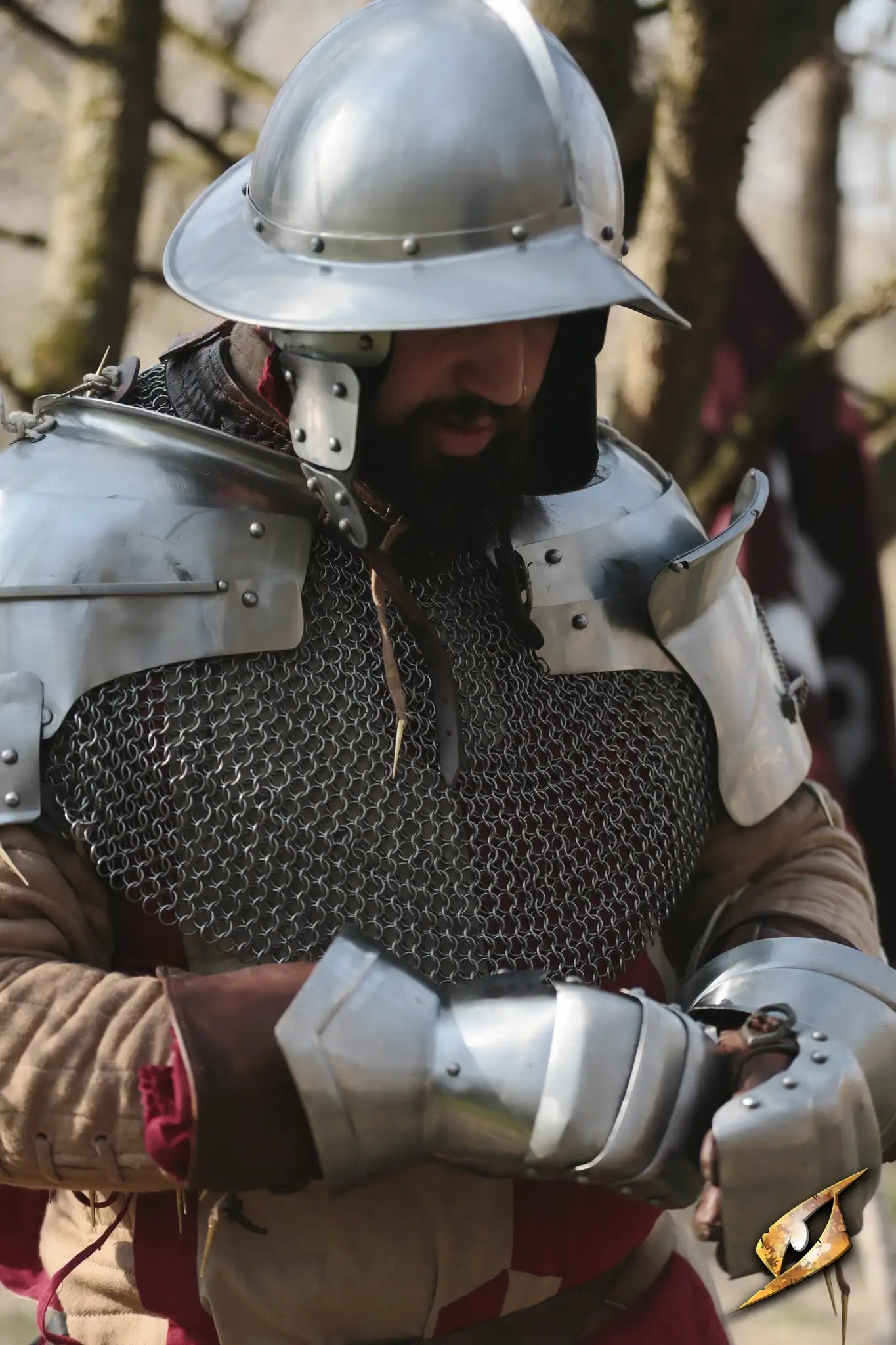 X Belt - Faux Leather worn by a medieval warrior in metal armor during a reenactment.