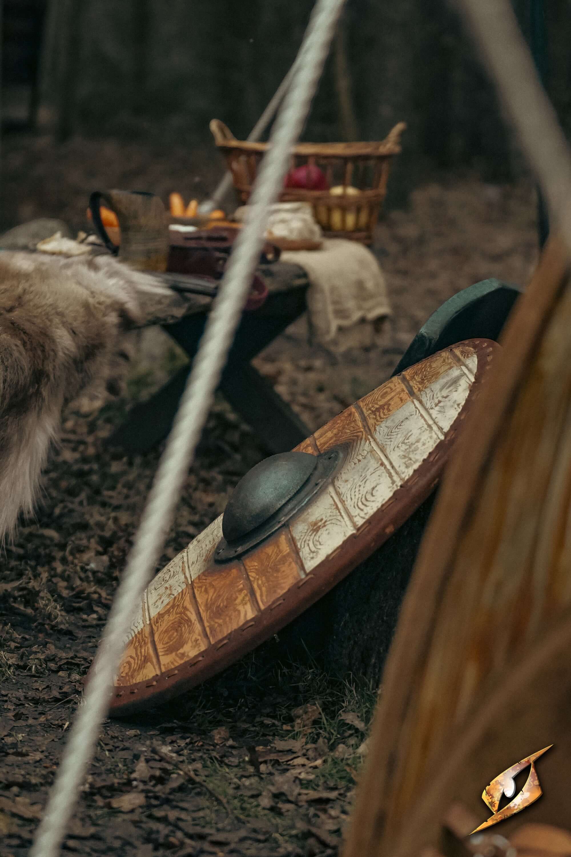 Thegn Shield resting against a tree in a rustic forest setting, surrounded by medieval items and ambiance.