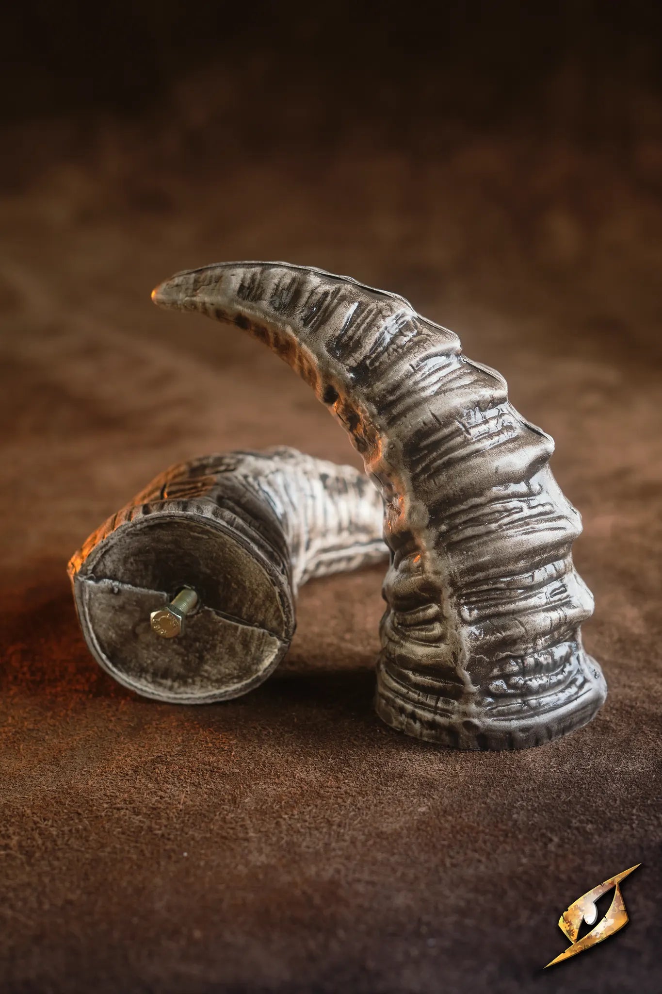 Mountable Demon Horns, grey polyurethane horns with mounting screws, perfect for adding a monstrous touch to armor.