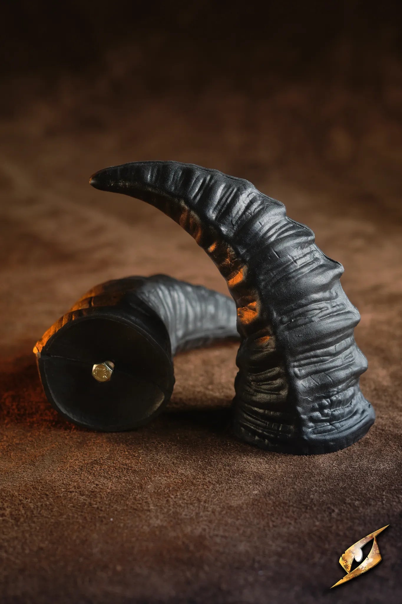 Mountable Demon Horns featuring detailed black polyurethane design for armor enhancement.