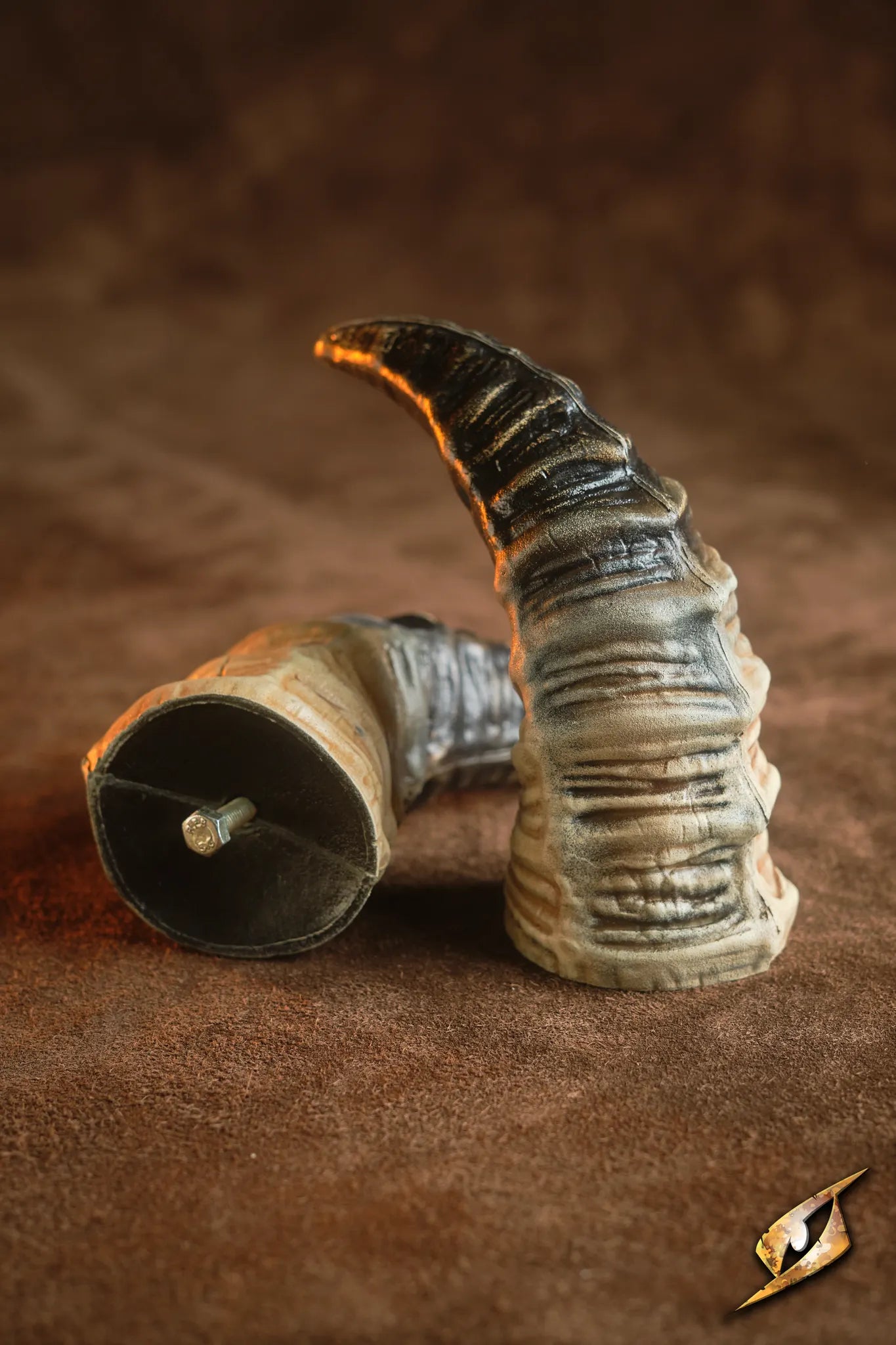 Mountable Demon Horns for creating a monstrous look on armor, made of polyurethane with mounting screws.
