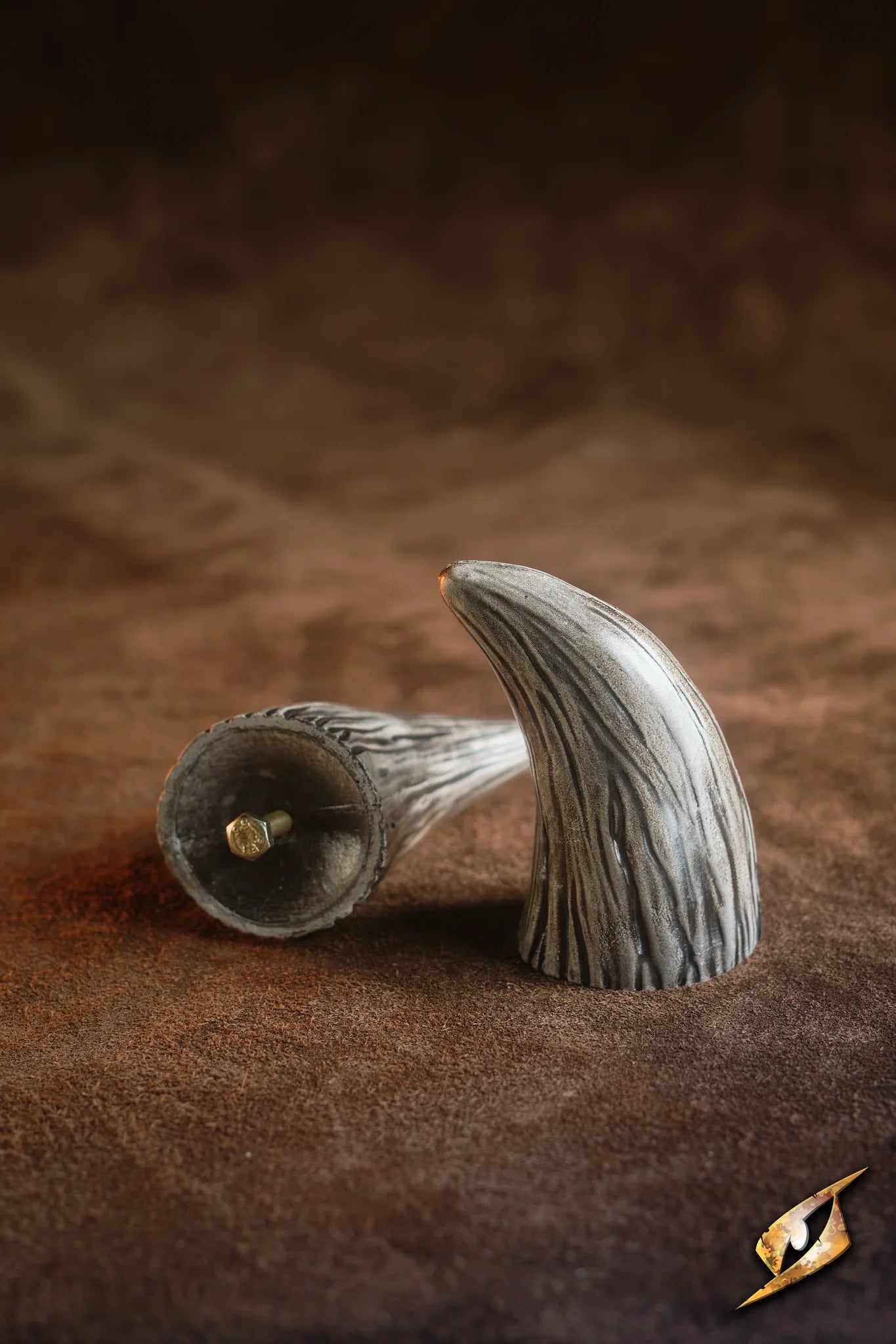 Mountable Demon Horns made of polyurethane with mounting screws for armor decoration.