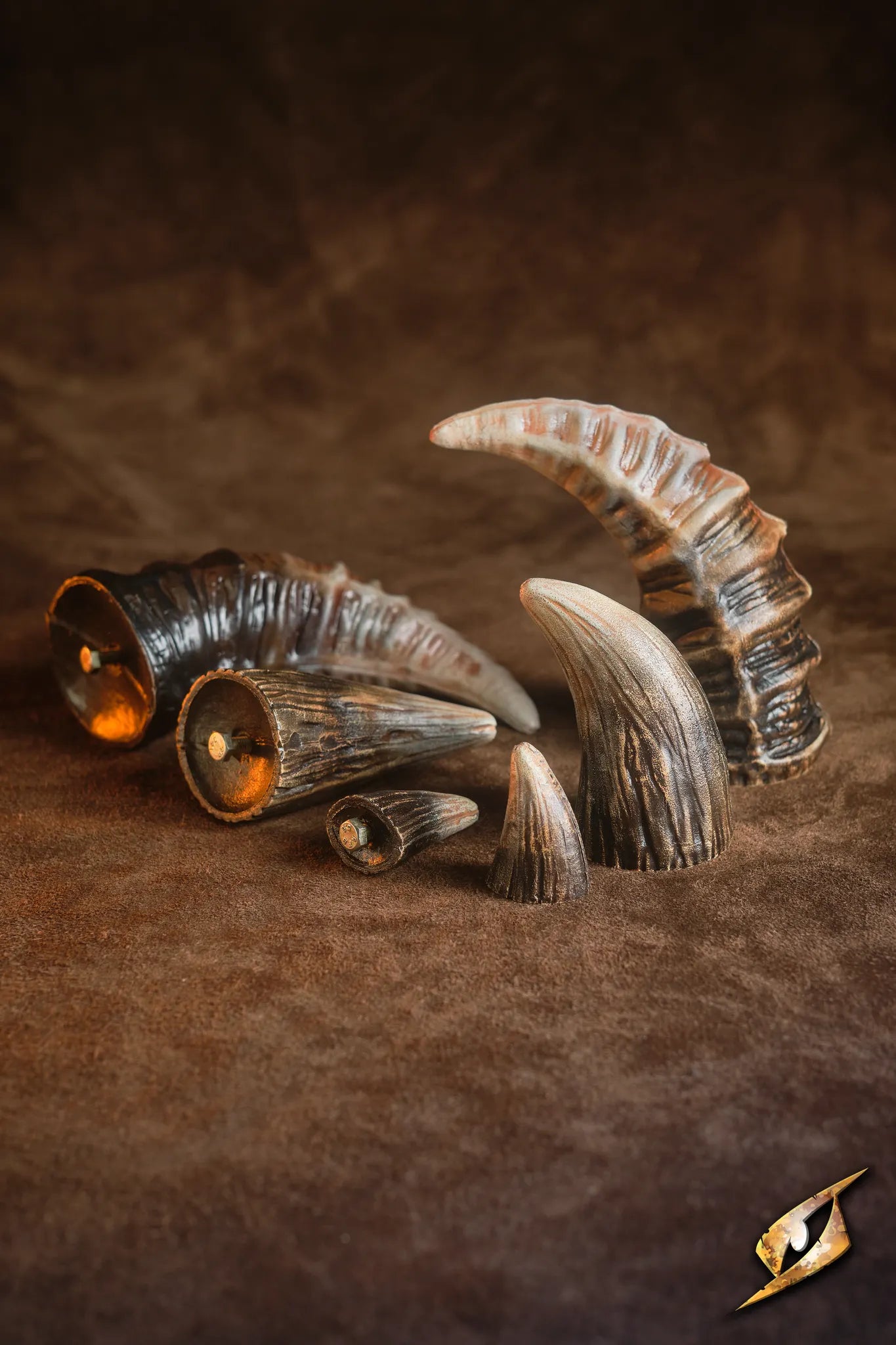 Mountable Demon Horns set displayed on a dark background, perfect for enhancing your villainous armor.