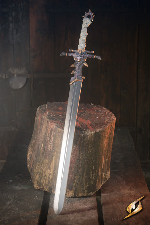 Marauder Sword displayed on a wooden stump, showcasing its detailed design and swordsmanship elegance.