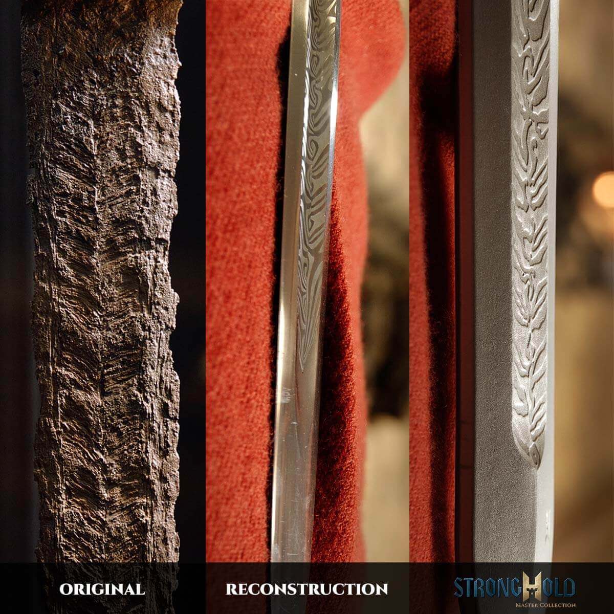 A comparison image showing the original sword, its reconstruction, and the intricate blade details.