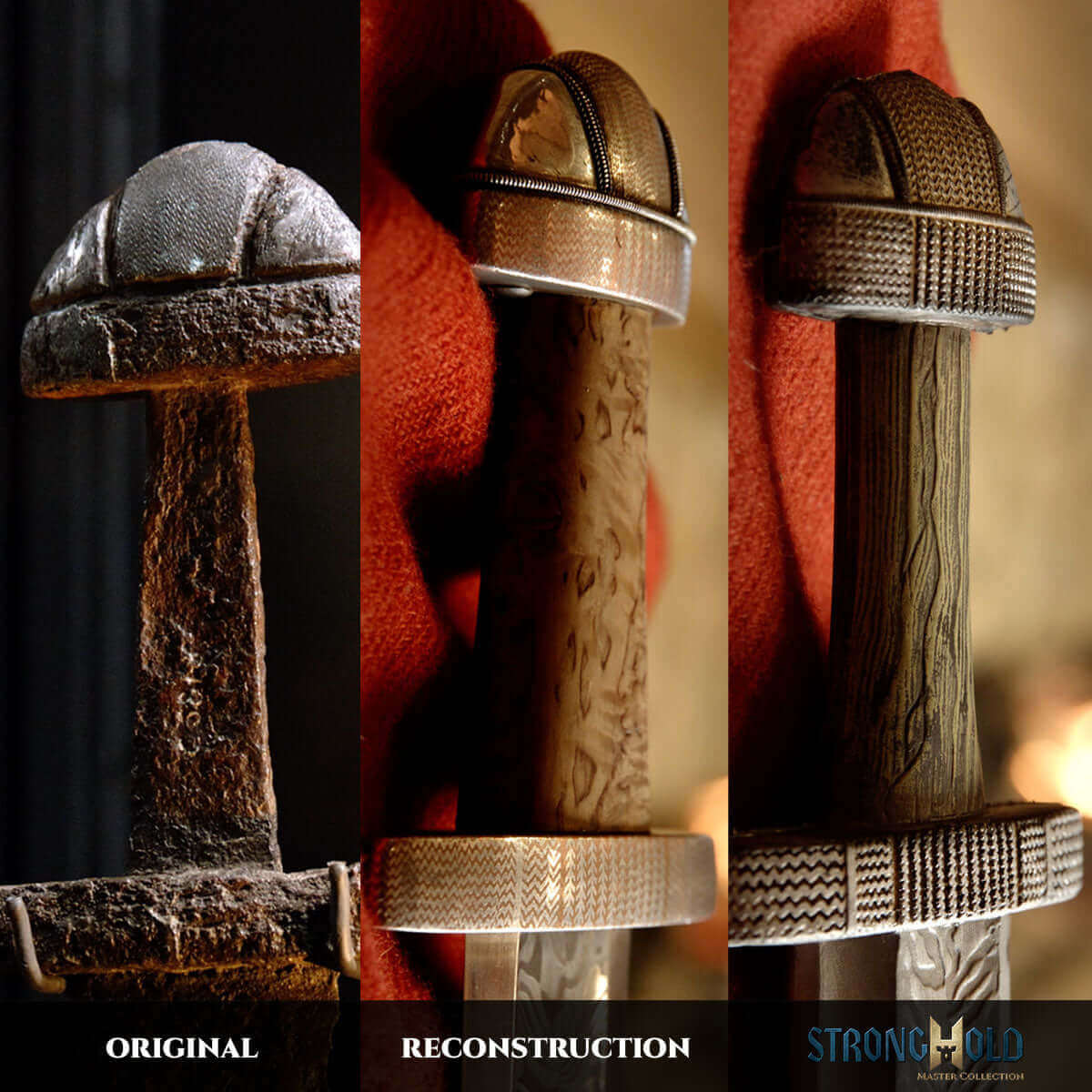 Comparison of an original sword hilt and its reconstruction, showcasing historical craftsmanship and design.