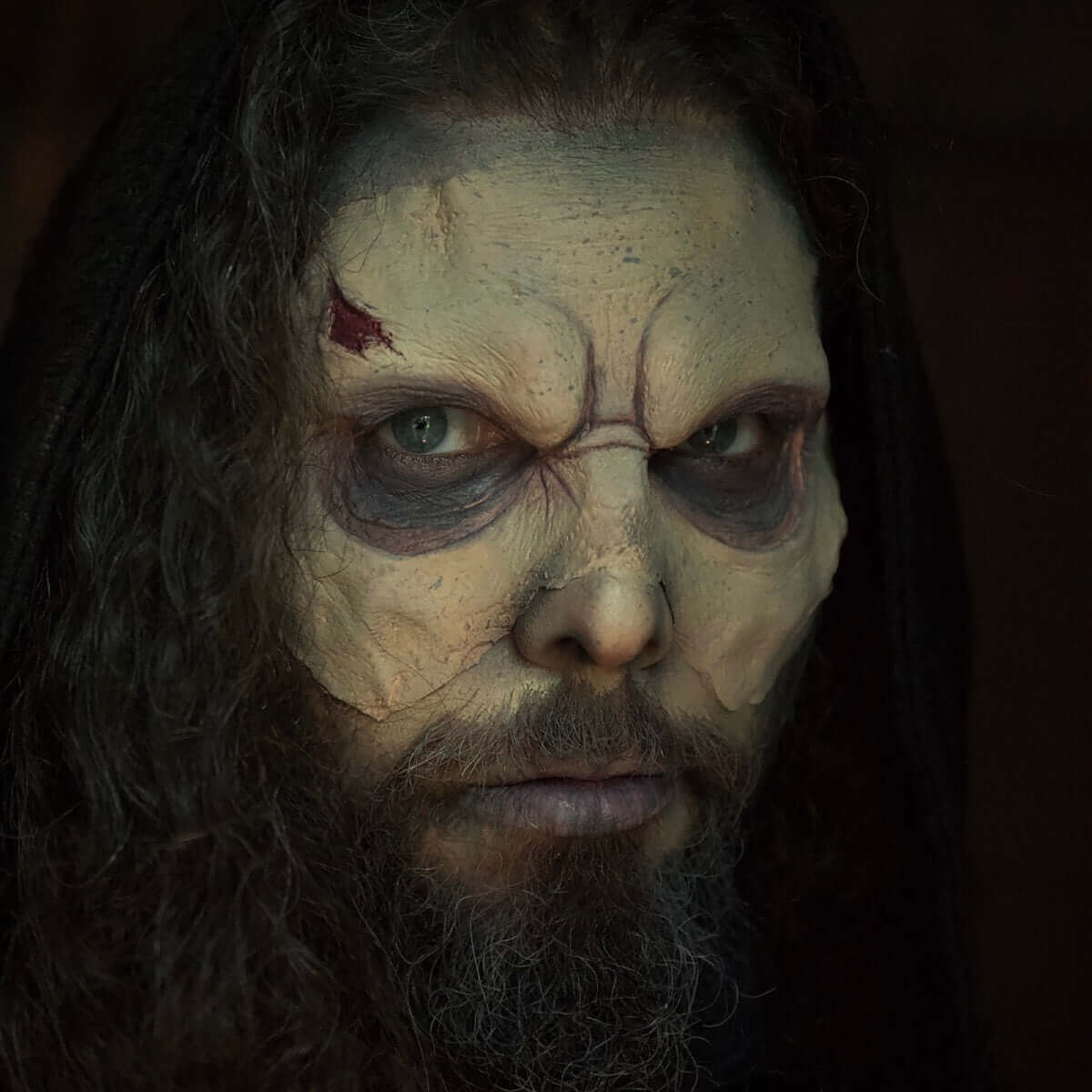 Close-up of a man in a dark hood with intricate facial makeup, depicting a haunting character.