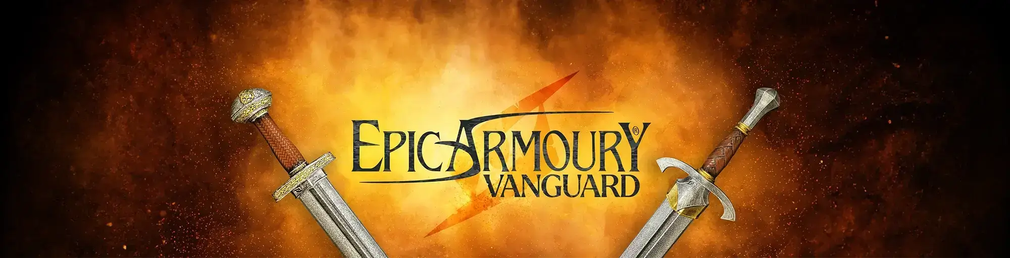 Epic Armoury Vanguard logo with swords against a fiery background, showcasing fantasy and role-playing elements.