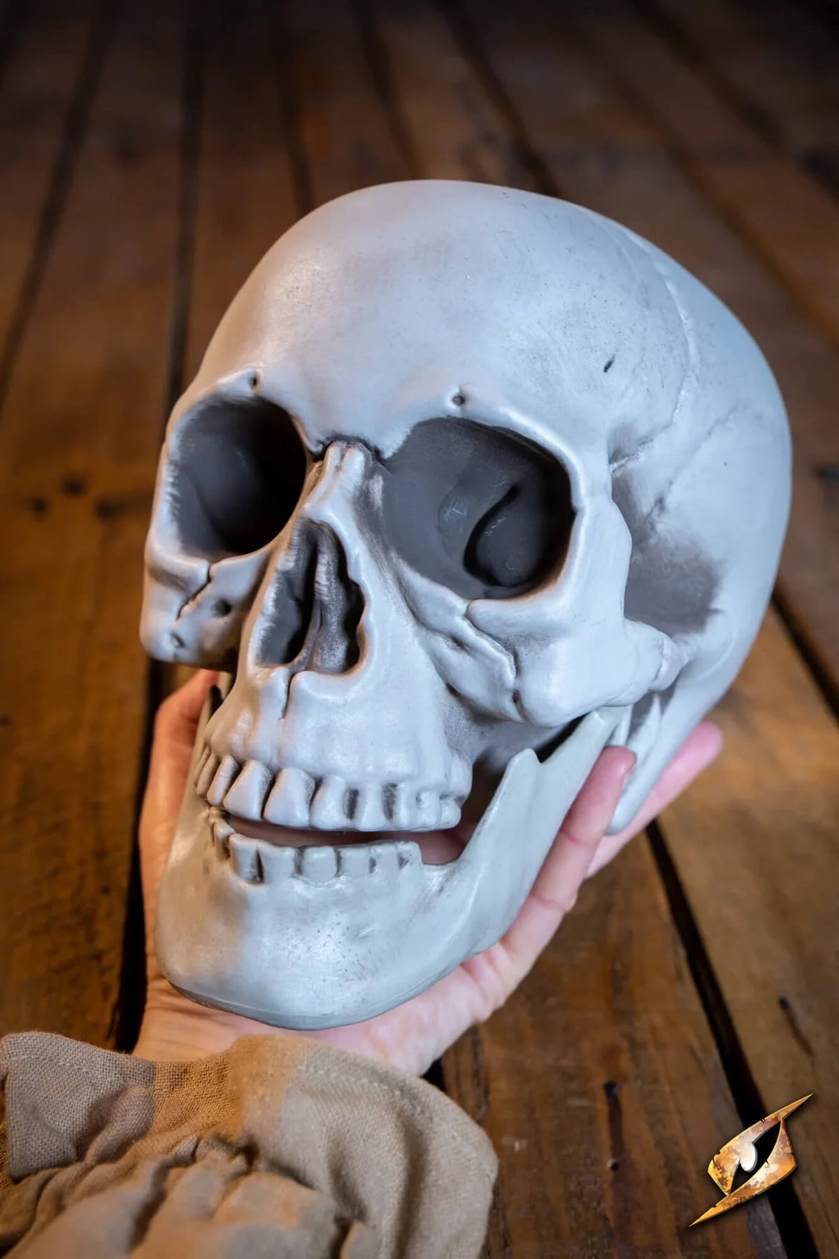 Decorative plastic skull on a brown background