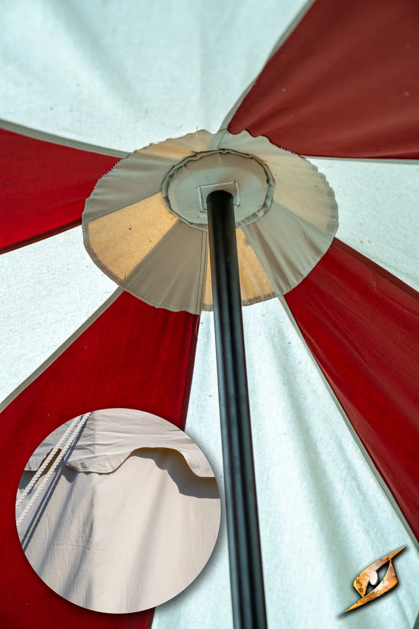 View of the inside of a Marquee Tent - 4x4m showing pole and fabric details.