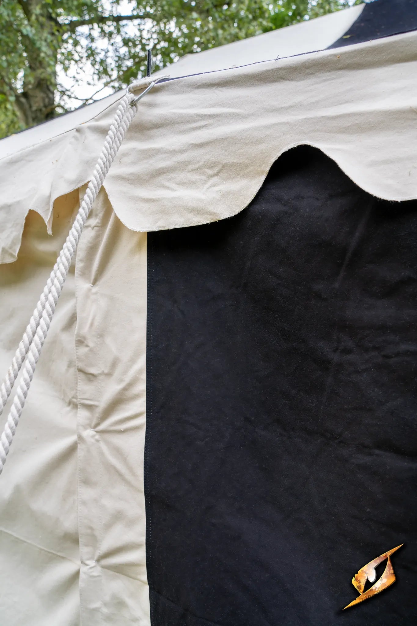 Marquee Tent - 4x4m featuring a detailed view of the fabric with a black panel and white trim.