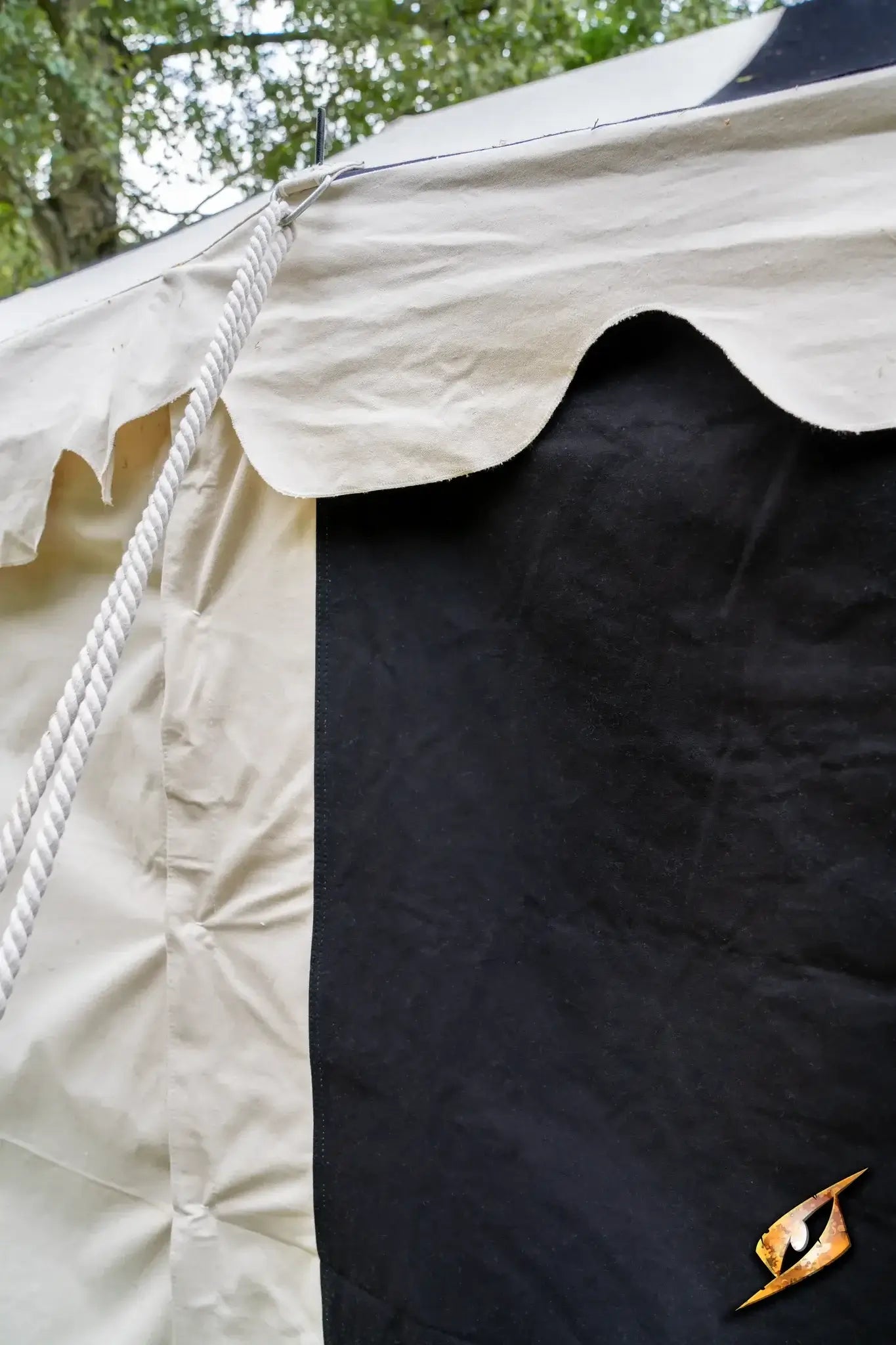 Marquee Tent - 4x4m featuring a detailed view of the fabric with a black panel and white trim.