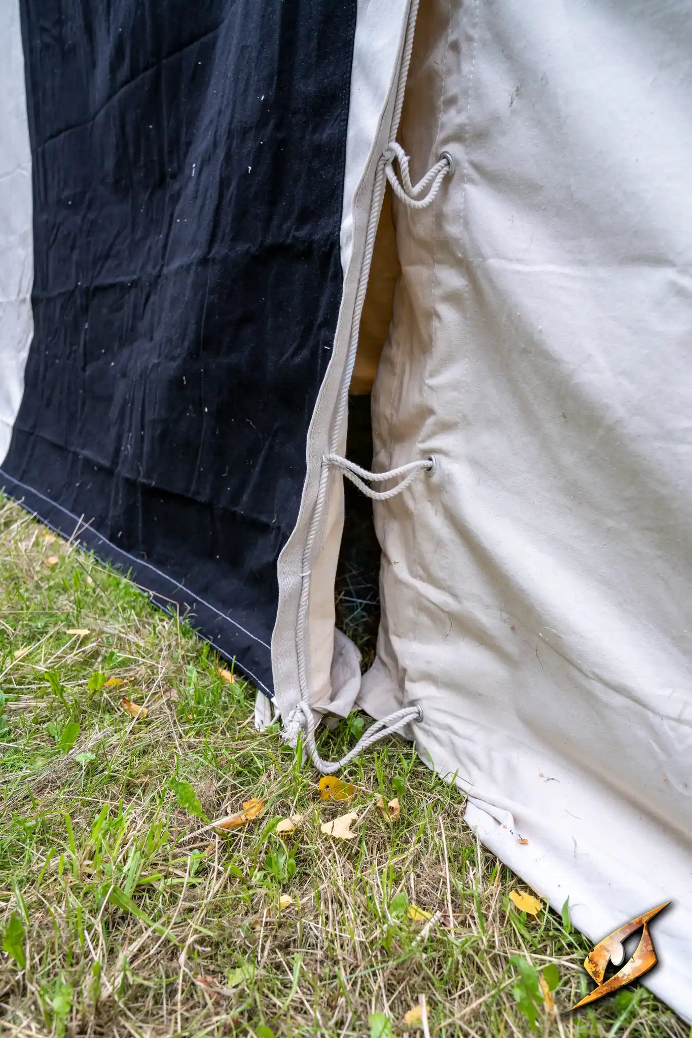 Entrance detail of the Marquee Tent - 4x4m showing fabric and ties.