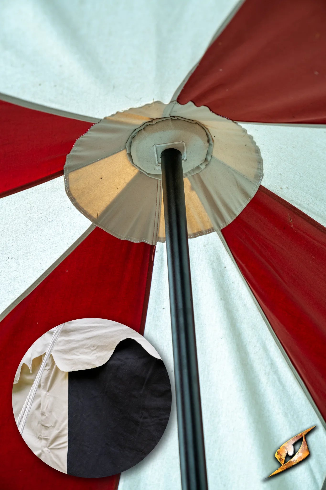 View of the top interior of the Marquee Tent - 4x4m showing red and white canopy and central pole.