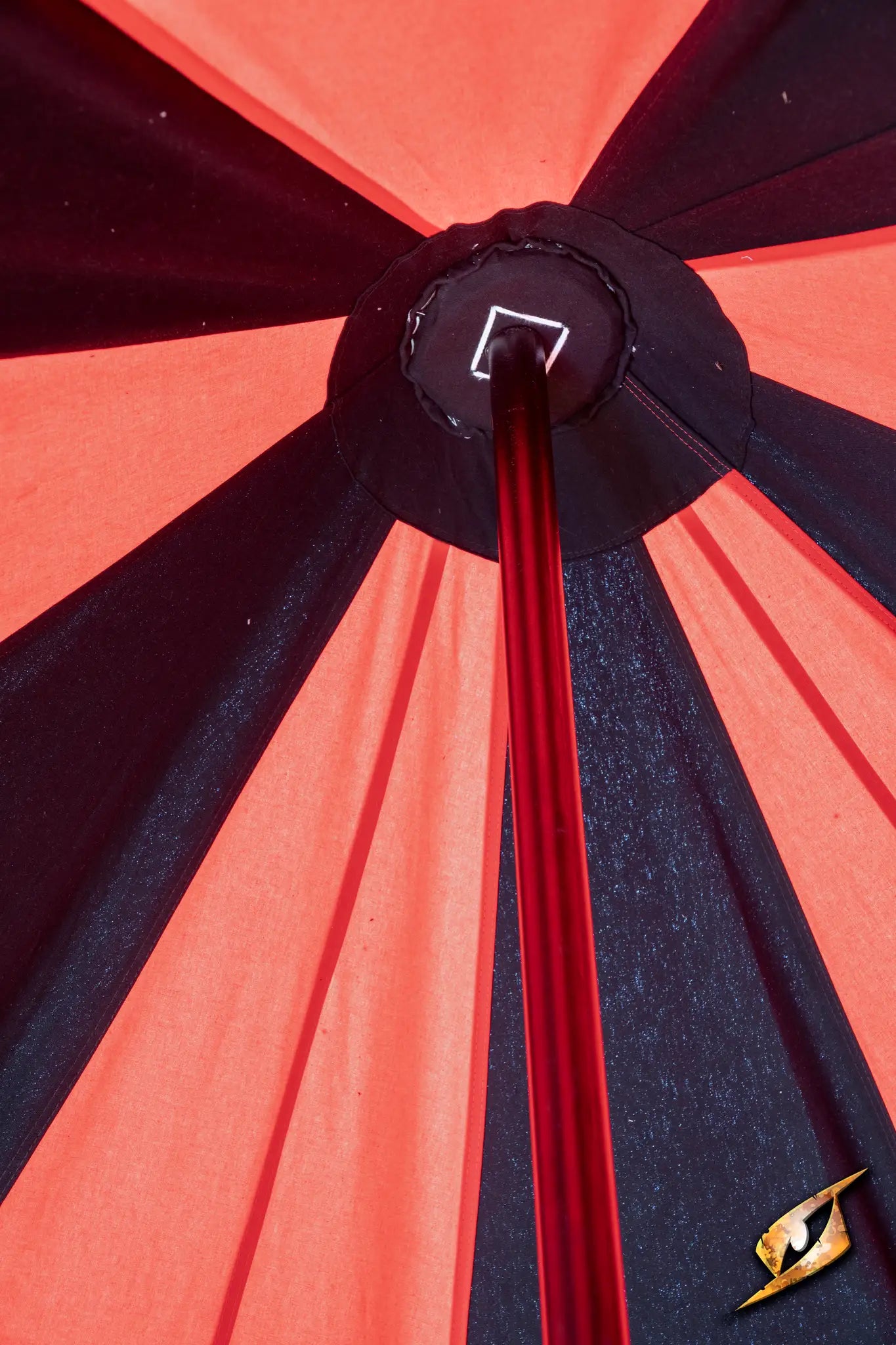 Marquee Tent - 4x4m close-up view of the tent structure with red and black fabric.
