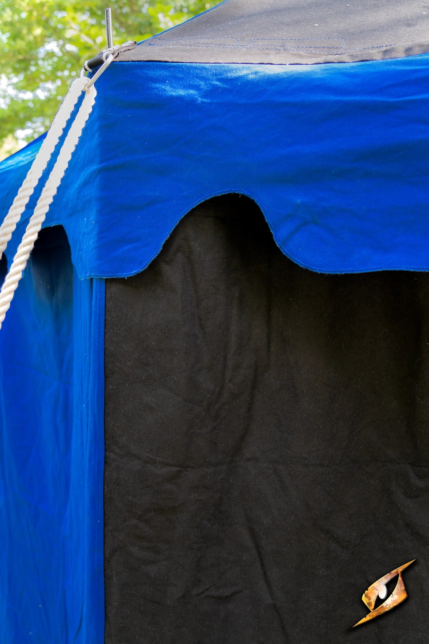 Marquee Tent - 4x4m featuring a blue and black design with securing ropes for stability.