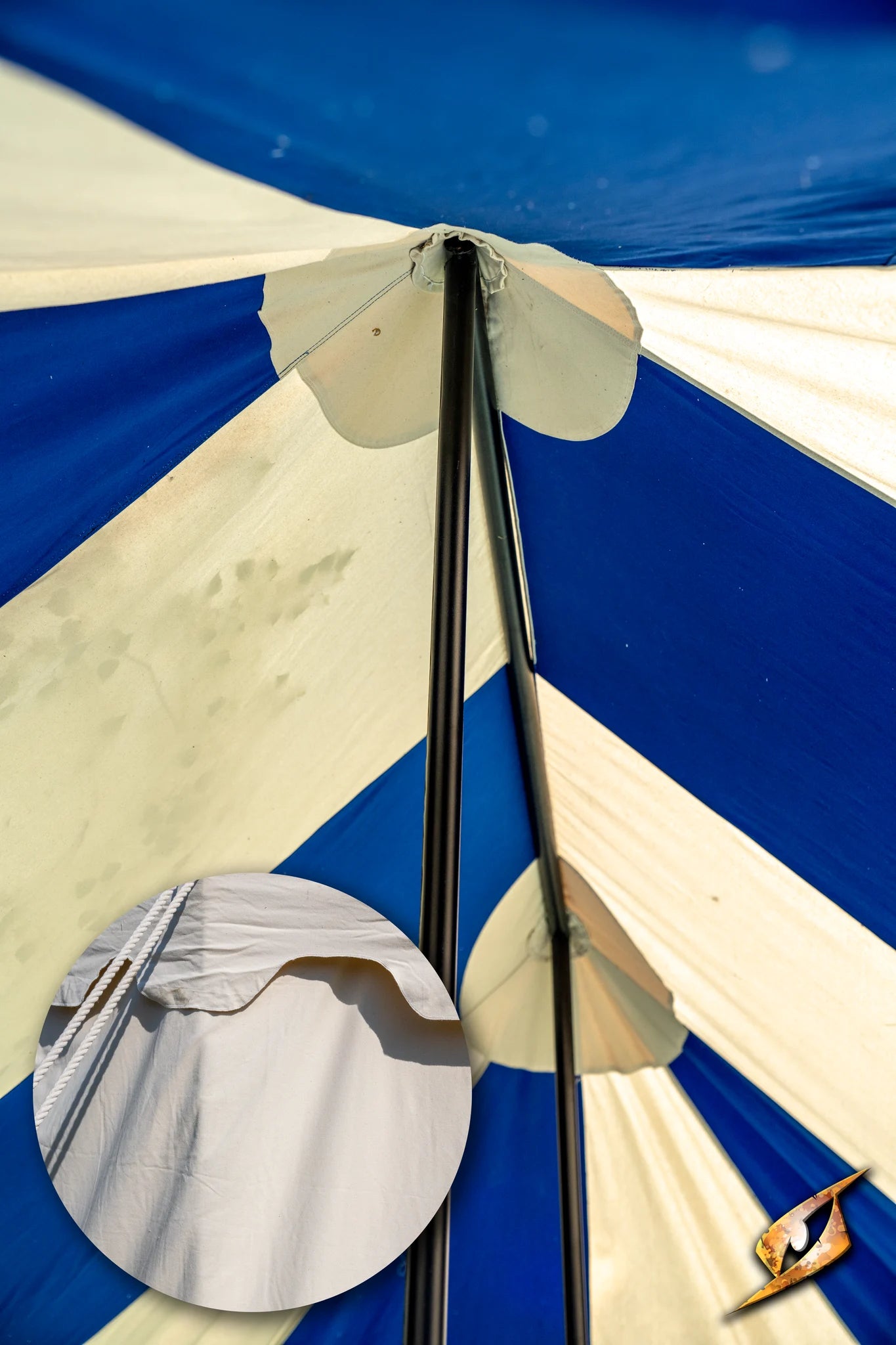 Interior view of Marquee Tent - 4x6m with blue and white stripes, showing structural support and fabric details.
