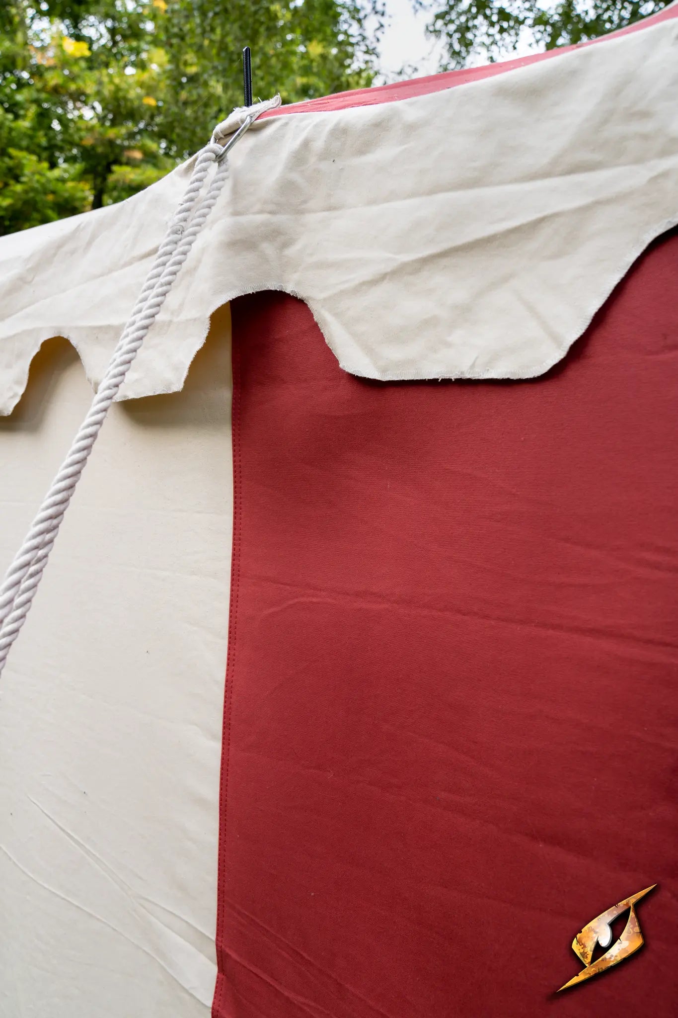 Marquee Tent - 4x6m showing details of the fabric and structure with red and cream colors.