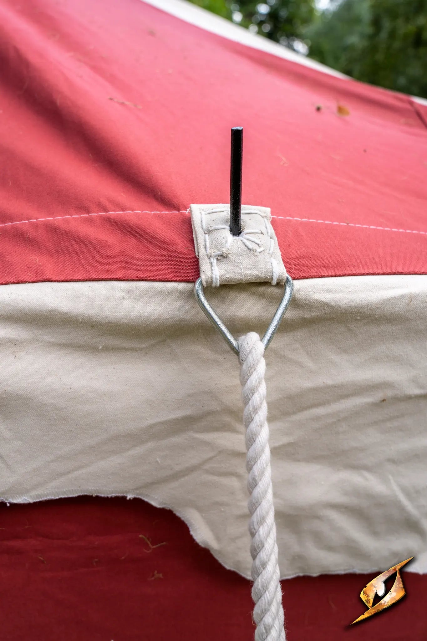 Marquee Tent - 4x6m close-up showing tent attachment and rope setup for stability.