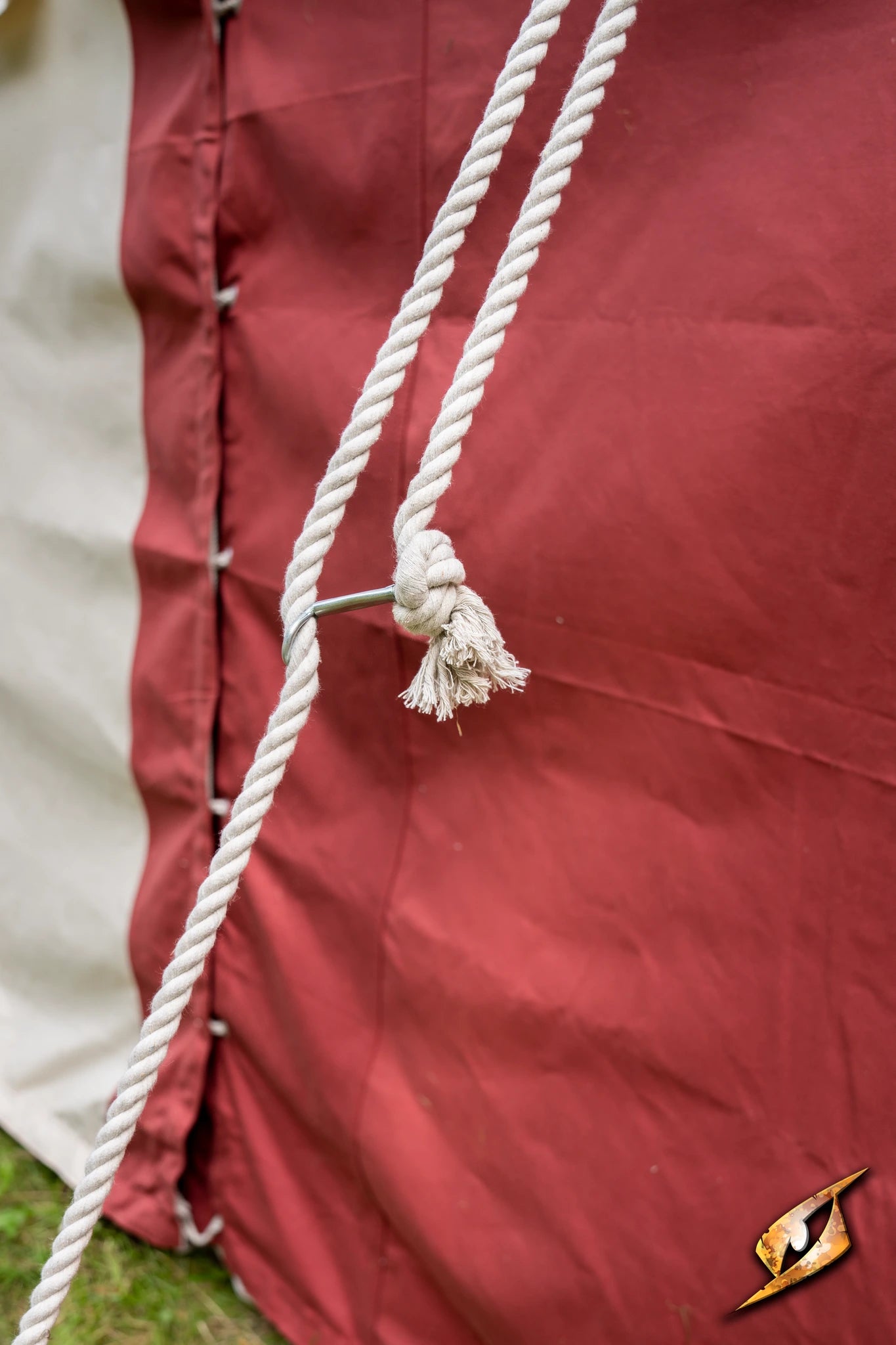 Marquee Tent - 4x6m with a close-up of a rope knot securing the fabric in place.