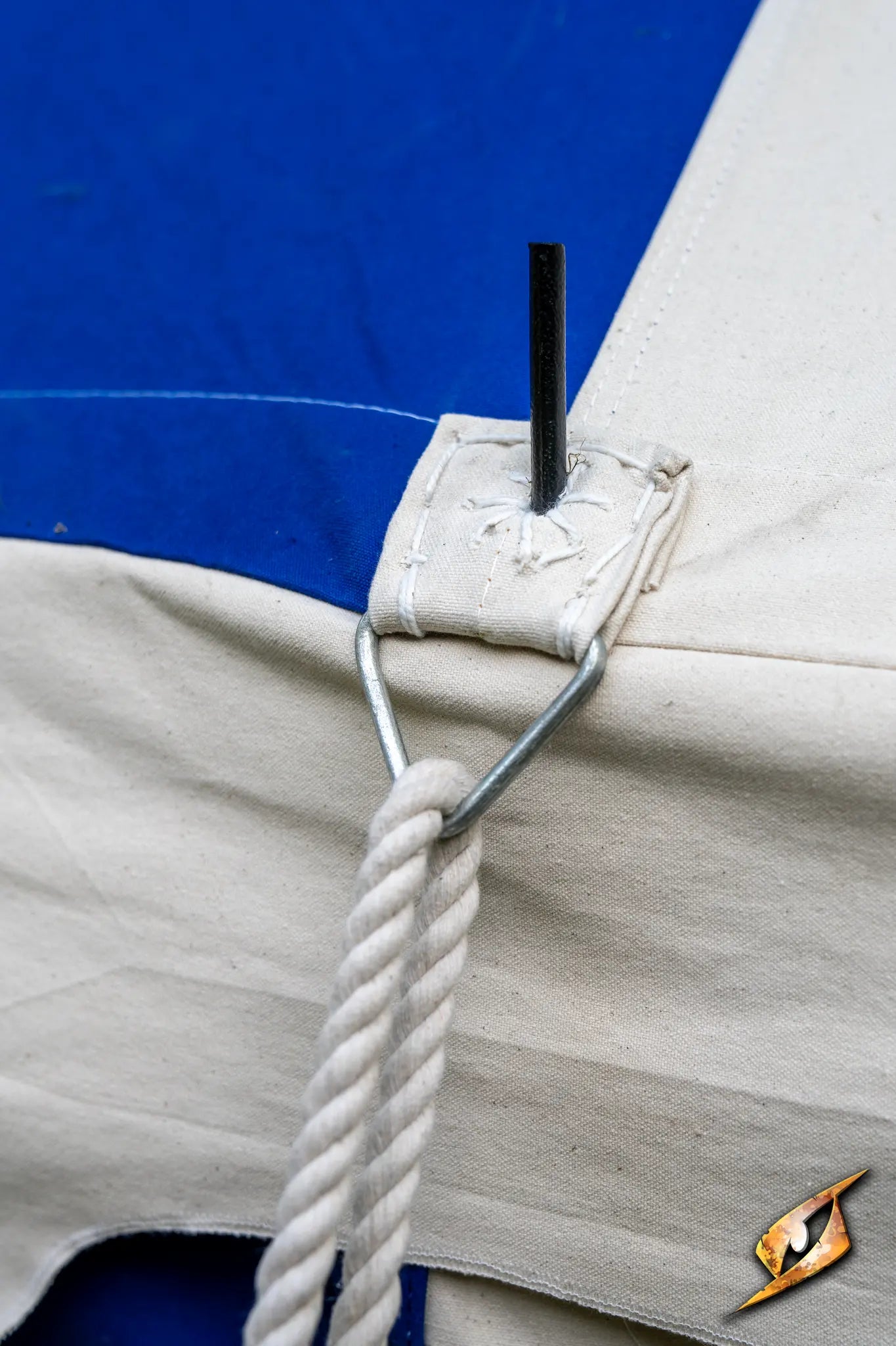 Marquee Tent - 4x6m close-up of fabric attachment with rope and pole for secure setup.