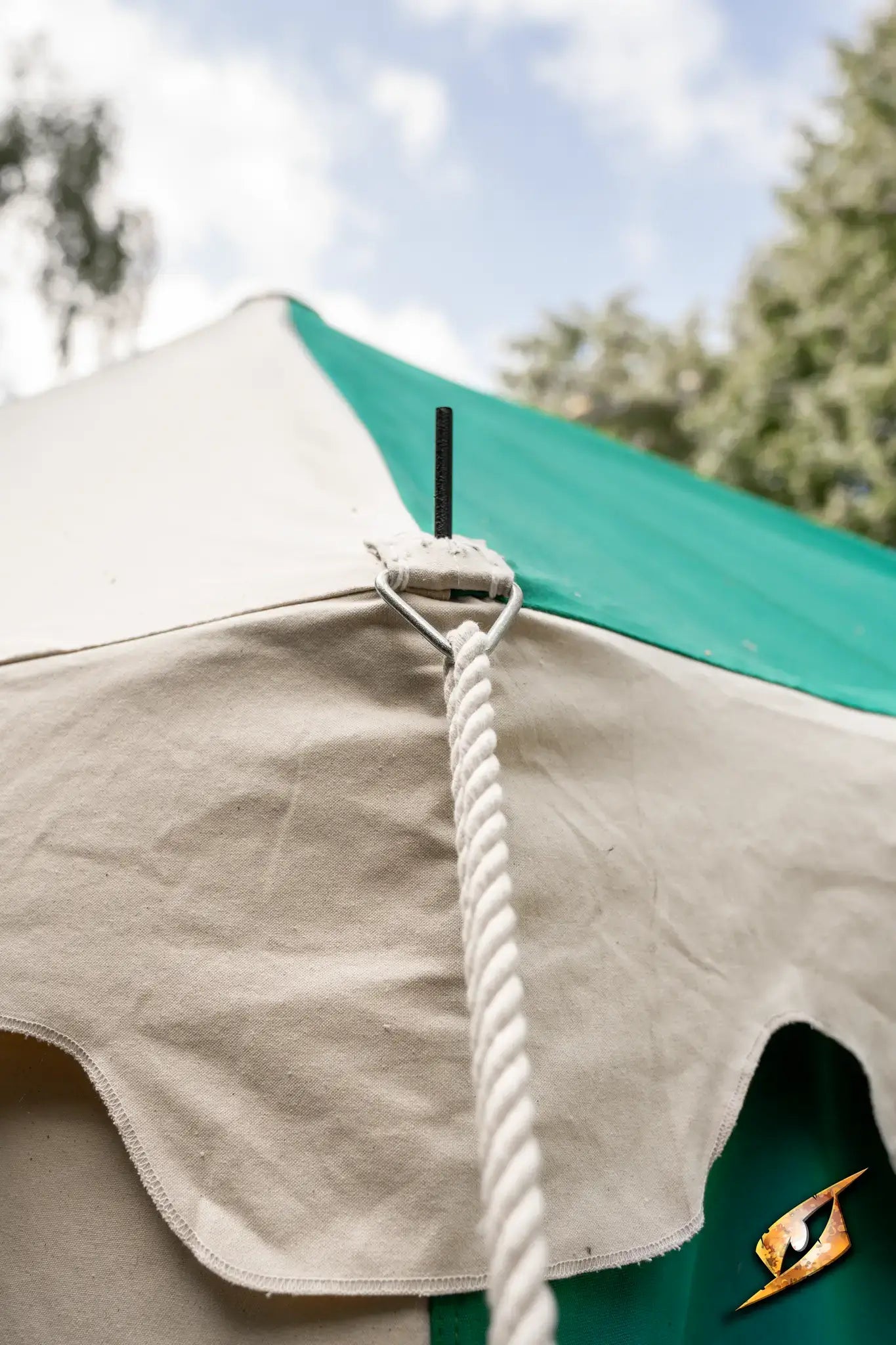 Marquee Tent - 4x6m showing the top corner with rope and attachment for secure setup.