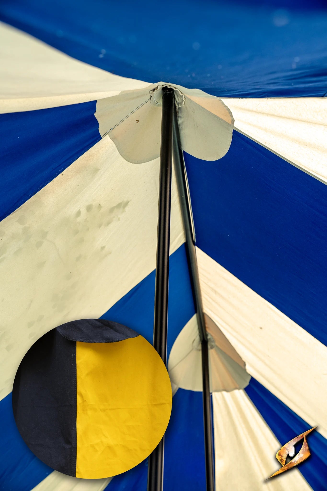 Marquee Tent - 4x6m showcasing internal structure with blue and white stripes, featuring a yellow accent.