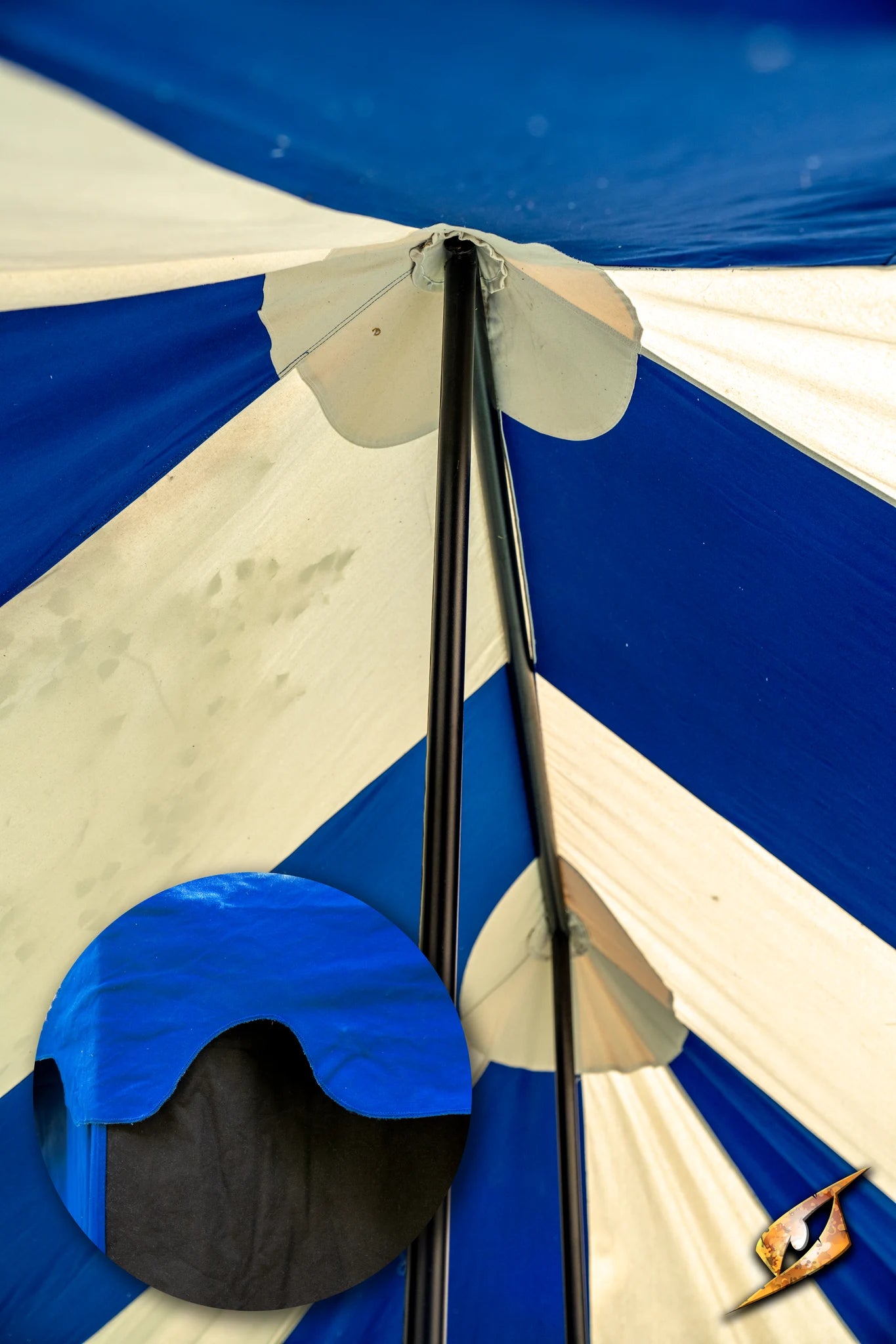 Marquee Tent - 4x6m showing the interior and support structure detail with blue and white stripes.