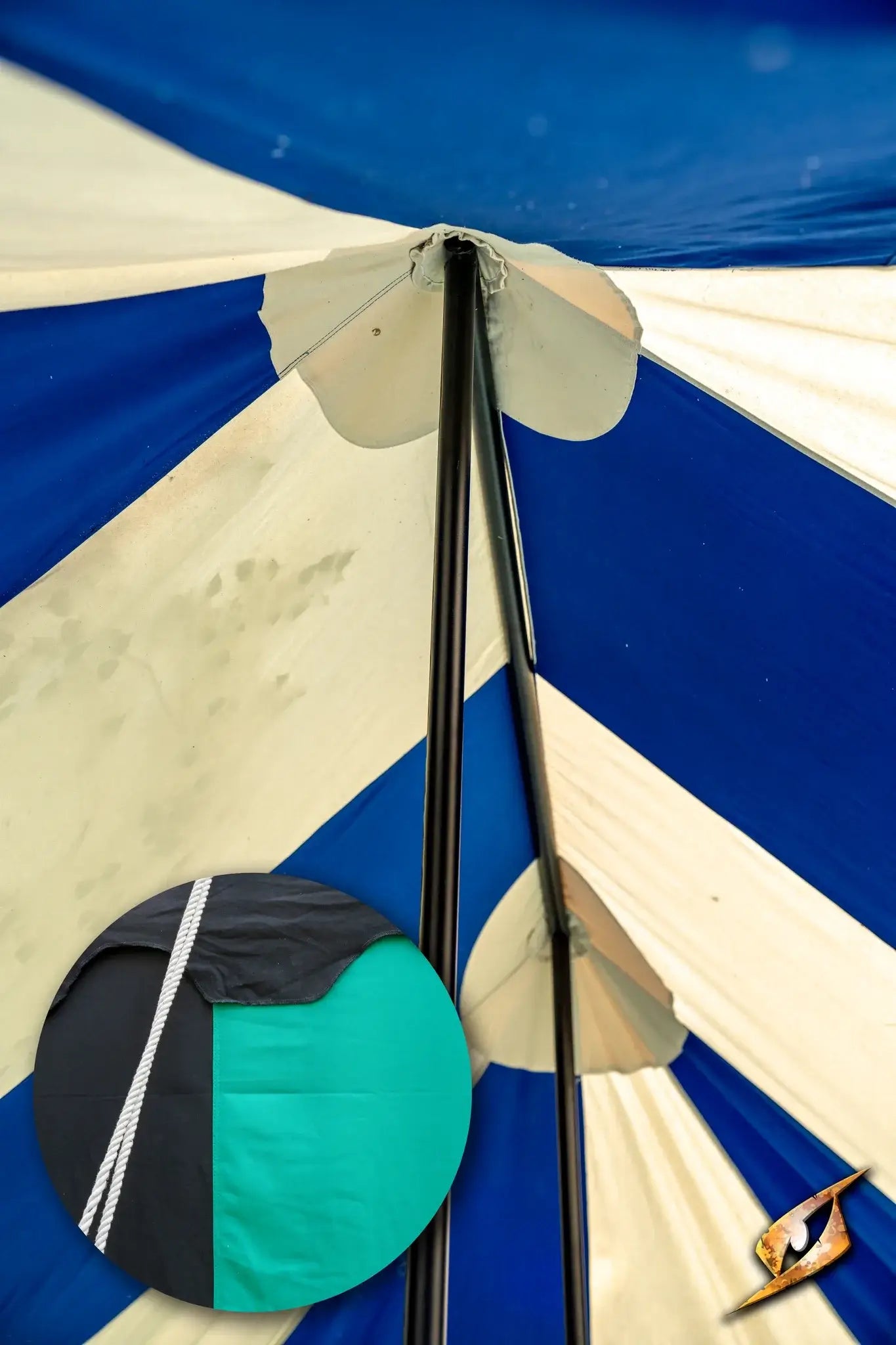 Marquee Tent - 4x6m interior view showing blue and white fabric with support poles.