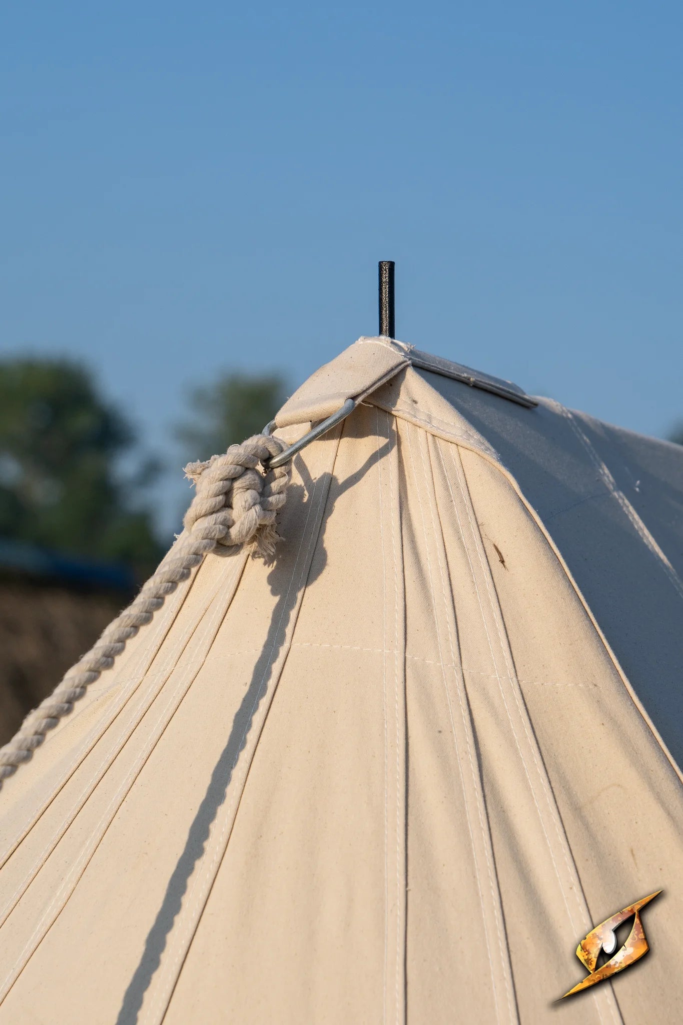 Double Wedge Tent - 3x5 m tent peak with ropes under blue sky