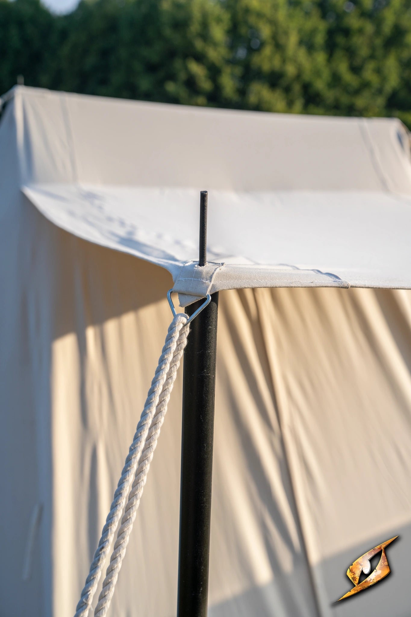Double Wedge Tent - 3x5 m roof setup with rope and support pole in sunlight.