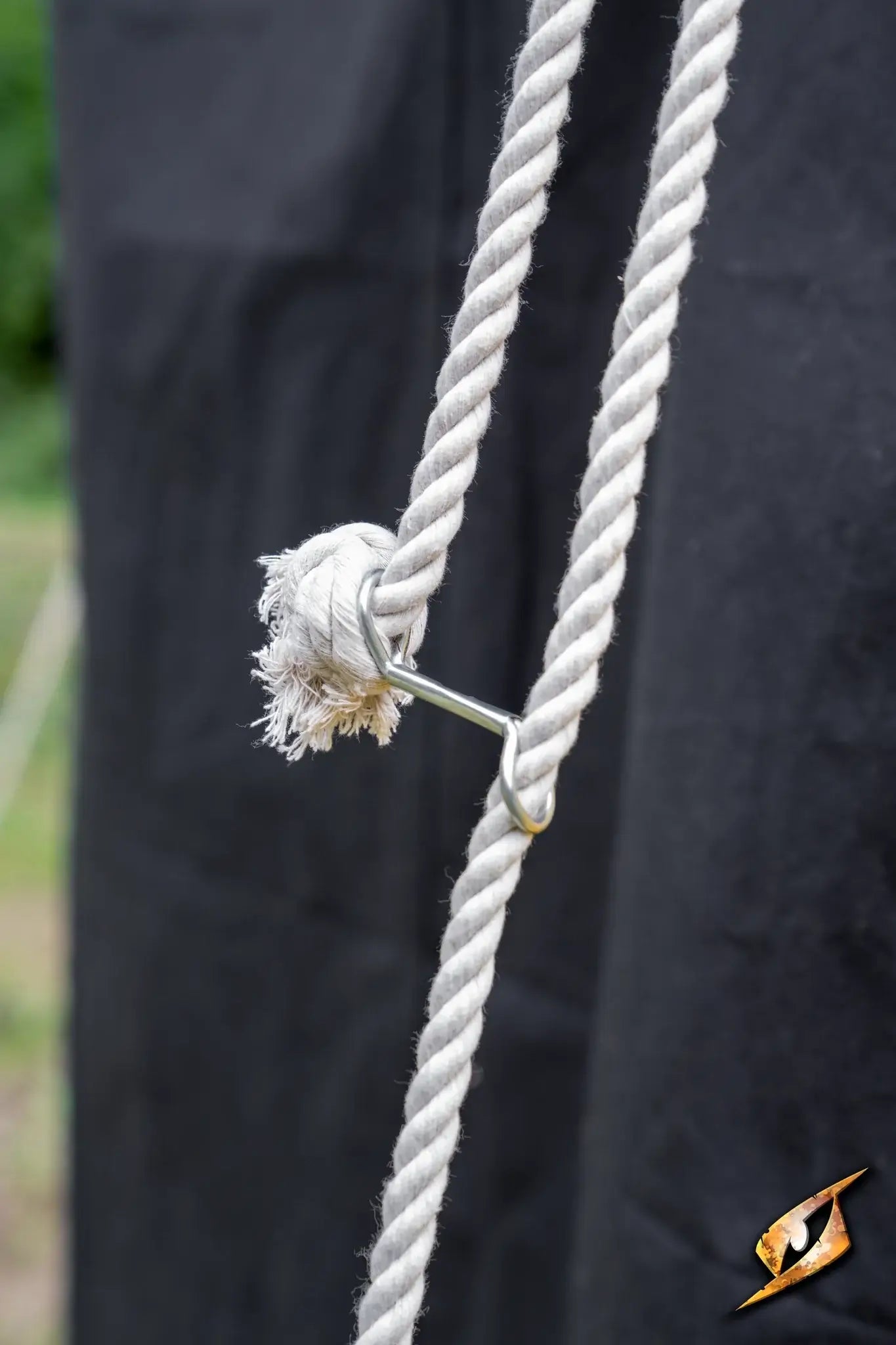 Round Pavilion Tent - 3m tent rope with metal hook and frayed end, demonstrating durability and setup features.