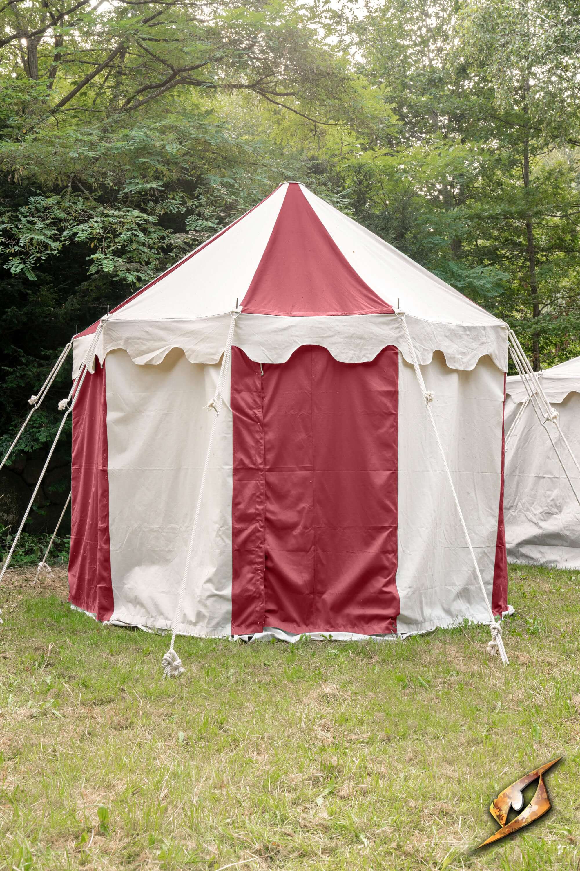 Round Pavilion Tent - 3m set up in a natural outdoor setting with red and cream colors.