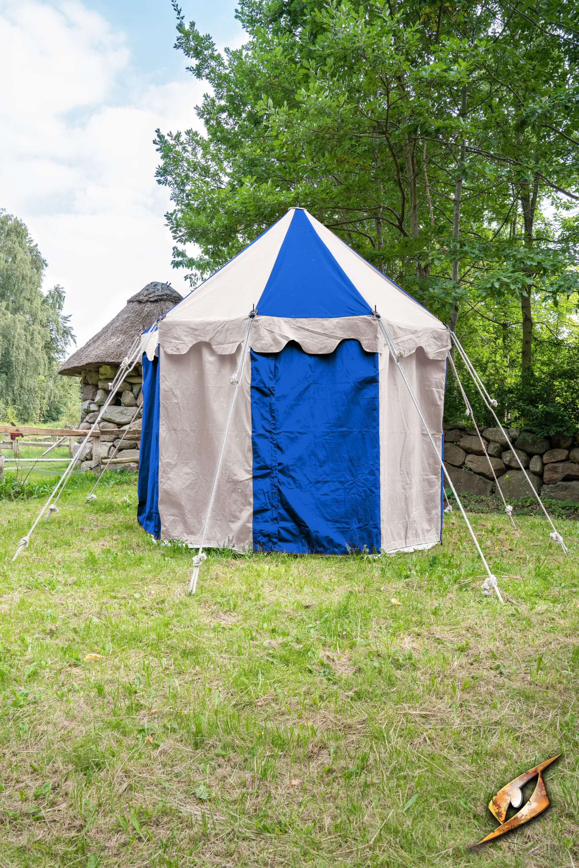 Round Pavilion Tent - 3m set up in a grassy area surrounded by trees, featuring blue and beige colors.