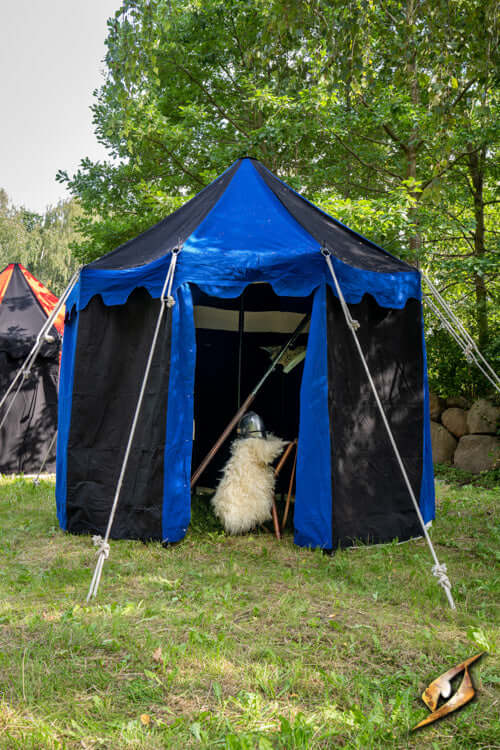 Round Pavilion Tent - 3m set up in a grassy area, showcasing its blue and black design with entrance open.