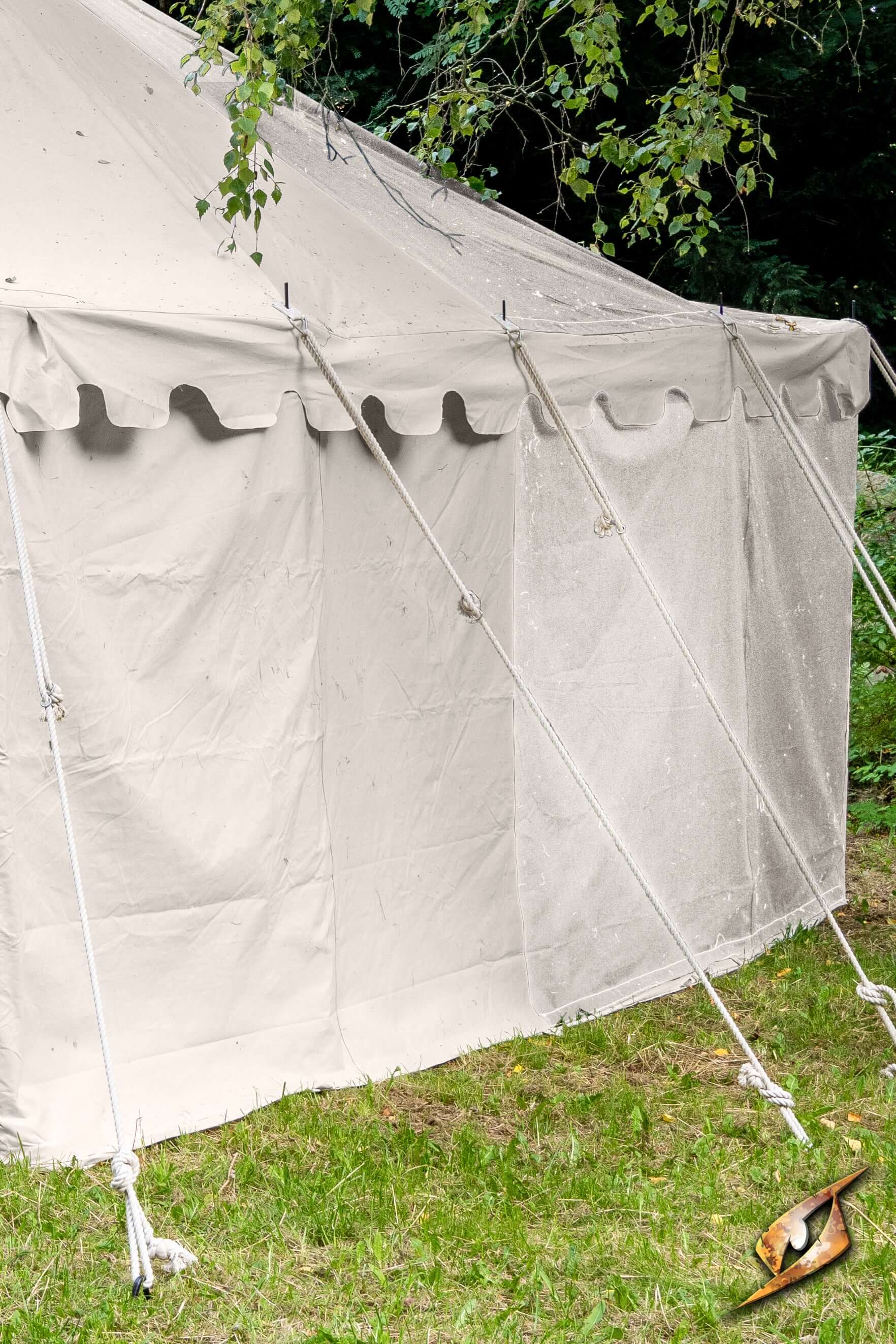 Marquee Tent - Sides - 5x8m with white fabric and guy lines for stability in outdoor settings.