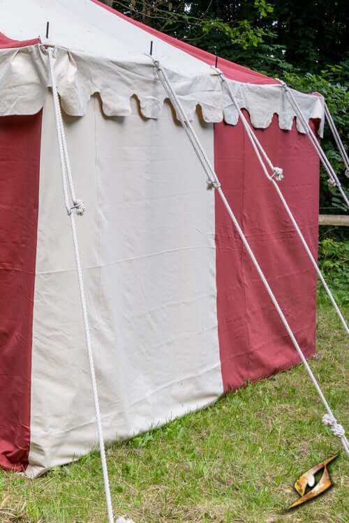 Marquee Tent - Sides - 5x8m with vertical and diagonal support ropes on the sides standing on grassy ground.